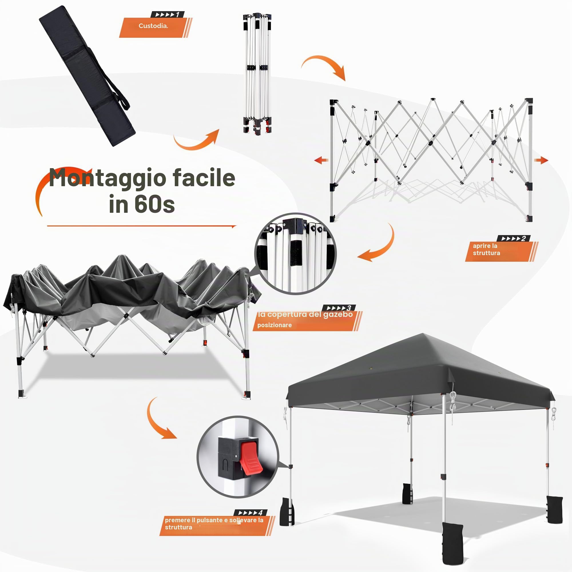Gazebo pop-up 3x3 cm impermeabile stabile pieghevole con peso pieghevole in altezza con borsa a rotelle, tenda di ricezione, protezione UV 50+, grigio scuro