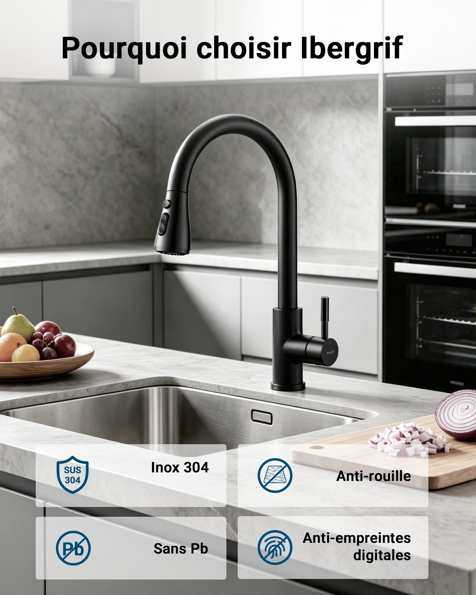 Ibergrif Robinet Cuisine 360° Pivotant Douchette Extractible, Mitigeur Évier Acier Inoxydable Noir Chromé, 3 Modes de Pulvérisation, Économie d'Eau,M22136B