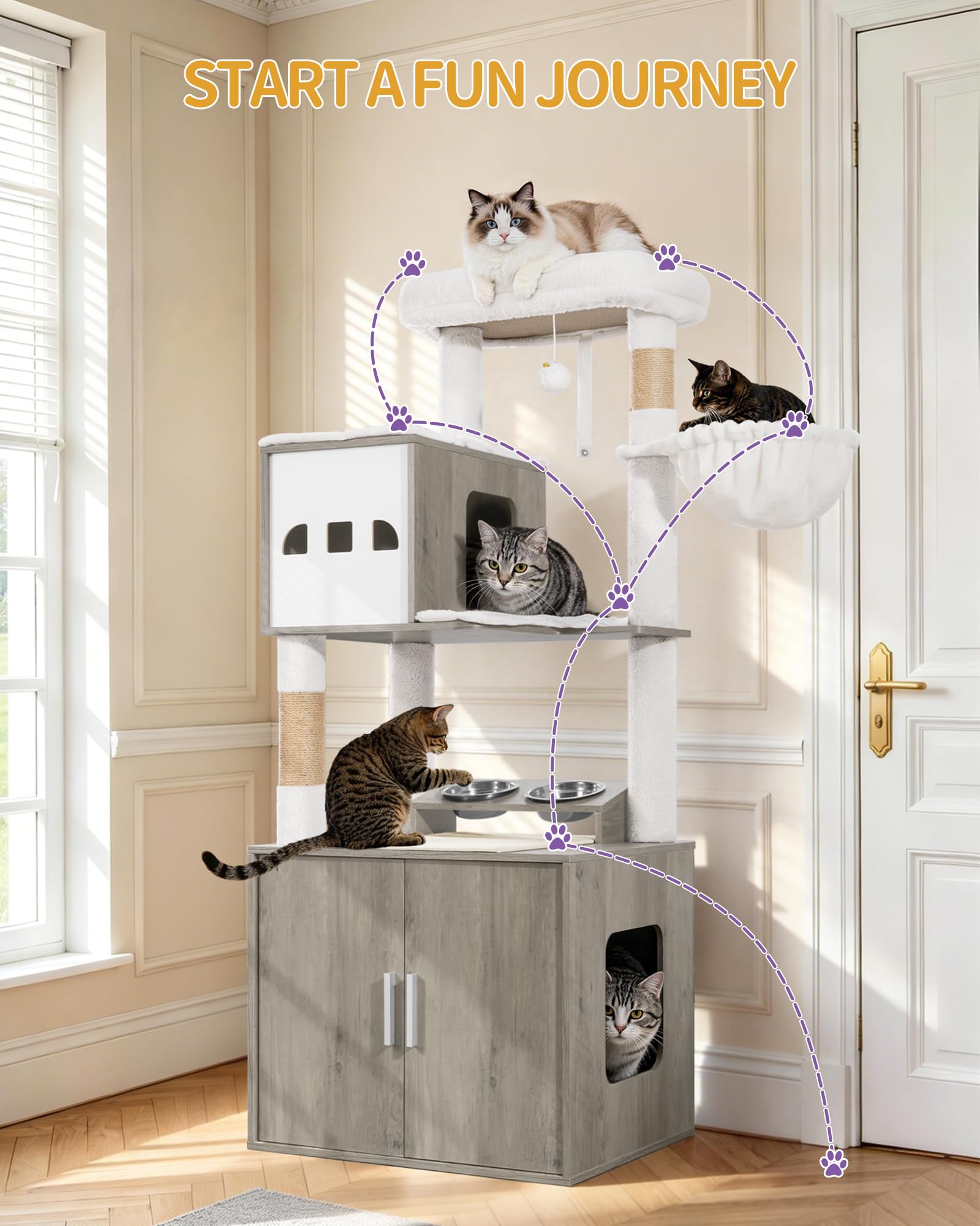 Hzuaneri Arbre à Chat avec Meuble Litiere Chat, 150 cm Haut, Sisal, Grège | Mangeoire, Maison de Toilette Chat, Grande Plateforme, Colonne Balles Peluche, Coussin Lavable, Balles en Peluche, CB88405WT
