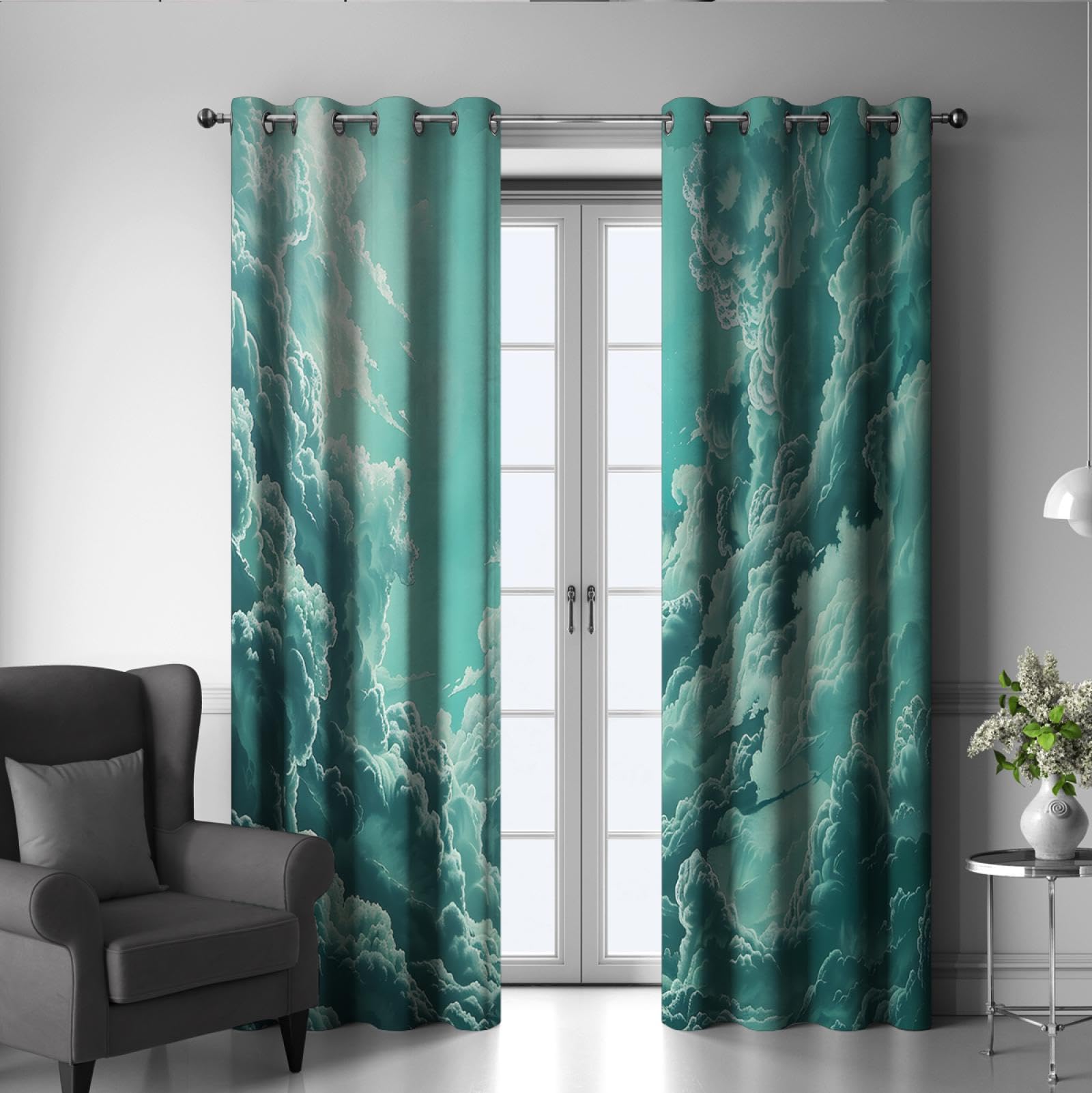 Amazon｜ターコイズブルーのシックな遮光カーテン水彩画スタイルの雲と