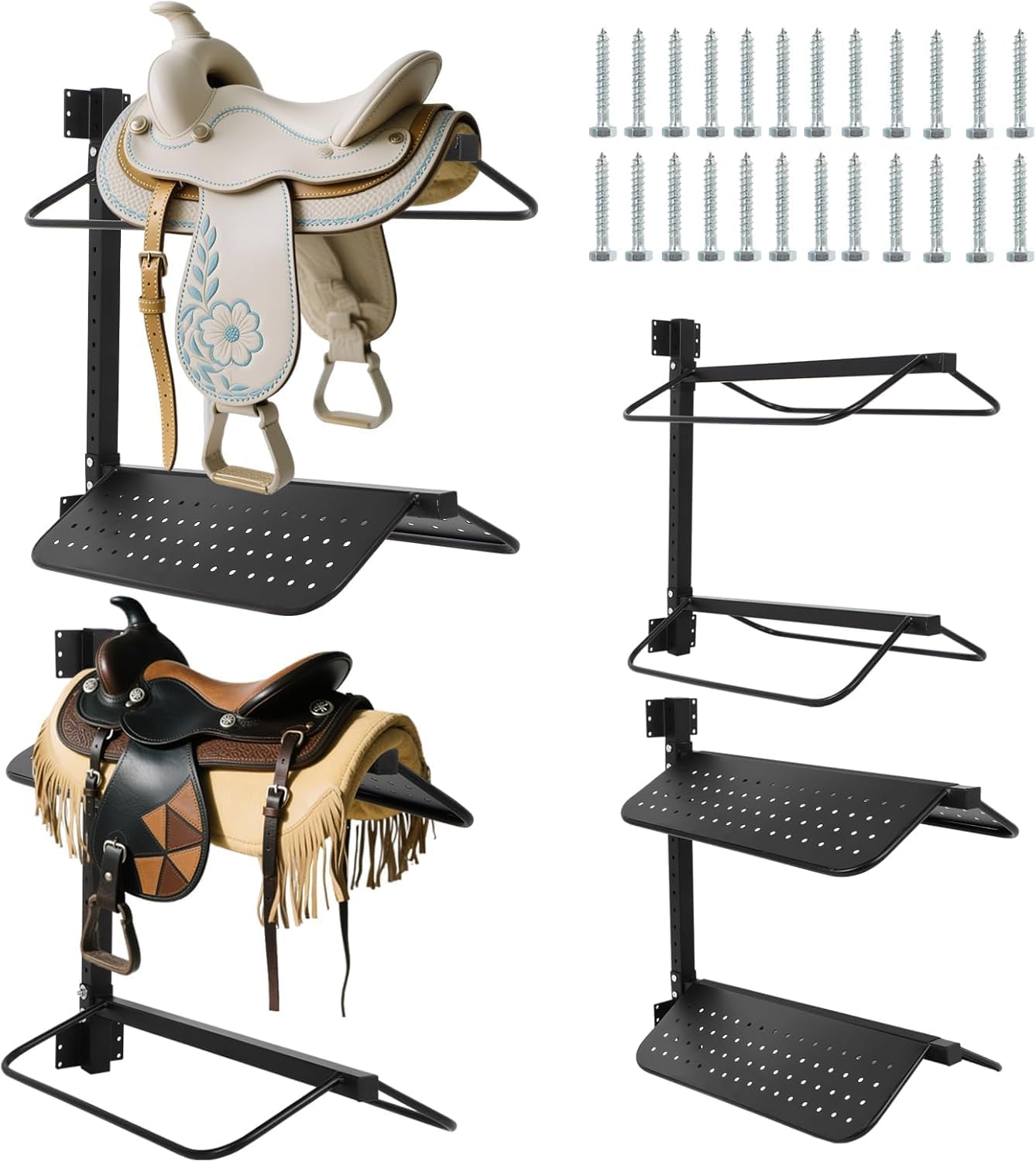 FAHKNS 2 Pc Saddle Rack Wall Mount, Heavy Duty Wall Mounted Saddle Stand Saddle Pad Rack for English Western Saddle, 4 Tier Flexible Saddle Stand for Tackroom, Stables, Storehouse etc.