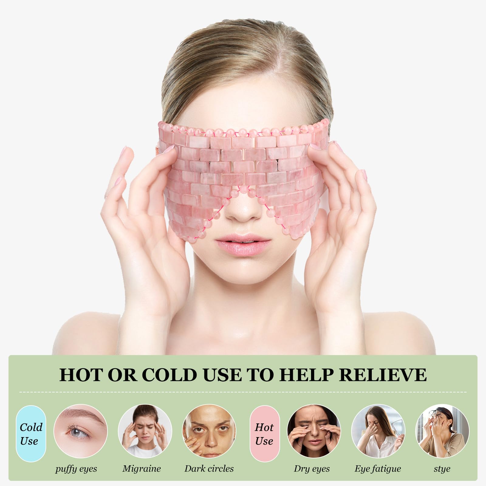 Lot de 2 masques pour les yeux en jade naturel et quartz rose – Apaisant et relaxant pour soulager les poches et les migraines avec thérapie rafraîchissante et chaude