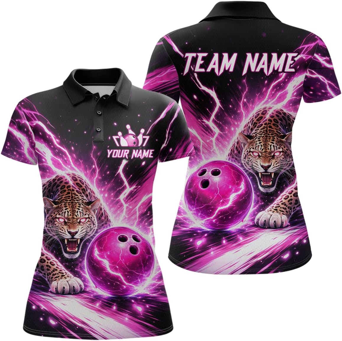 Leopard Bowling Shirts for Men Women Bowling Jersey Pink Flaming Leopard Bowling Polo and Zip Shirt Bowling League Shirt