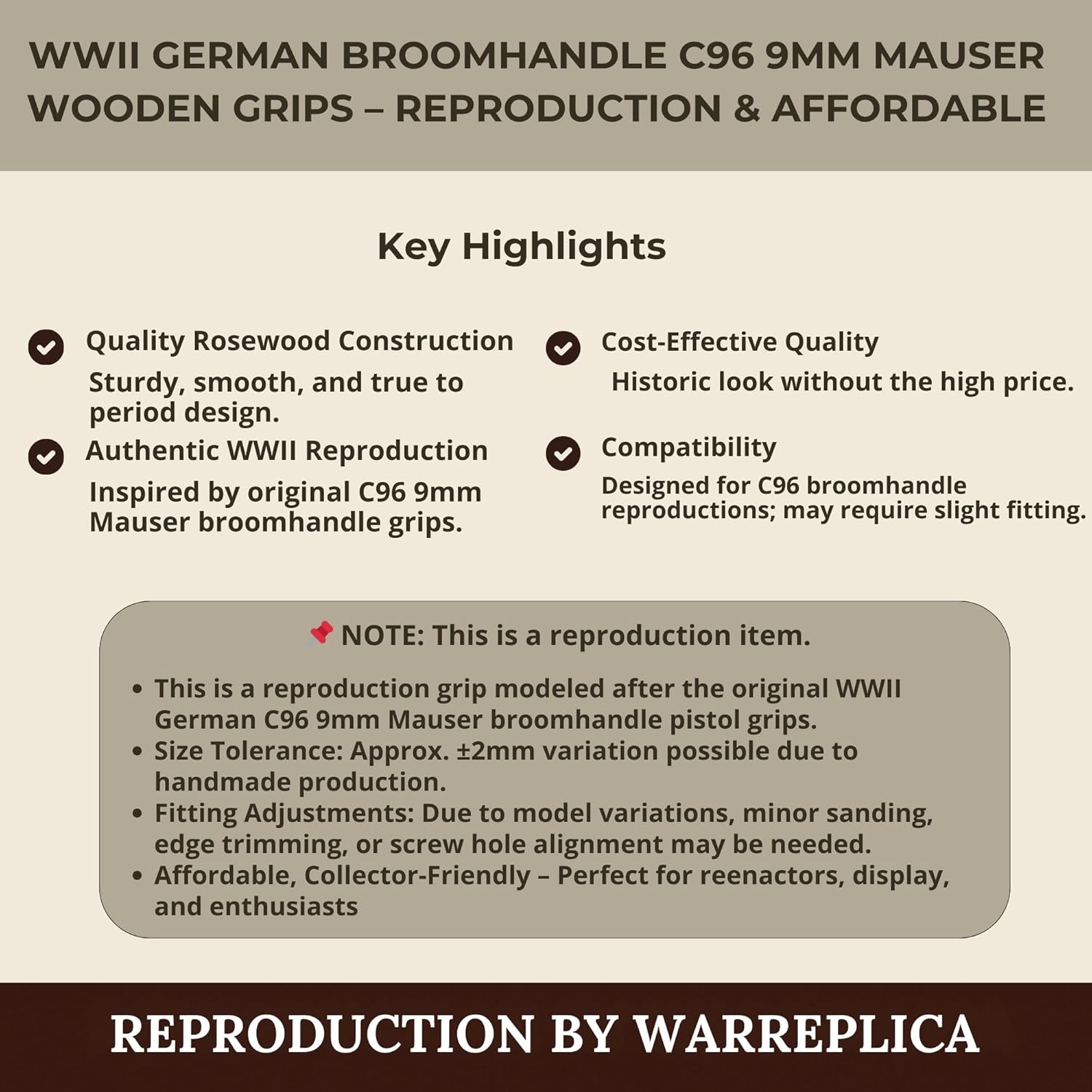 warreplica WWII German C96 Broomhandle Wooden Grips Reproduction|Authentic Walnut Finish Handgrips for M1896 Mauser|Durable Historical Reenactor & Collector Gear