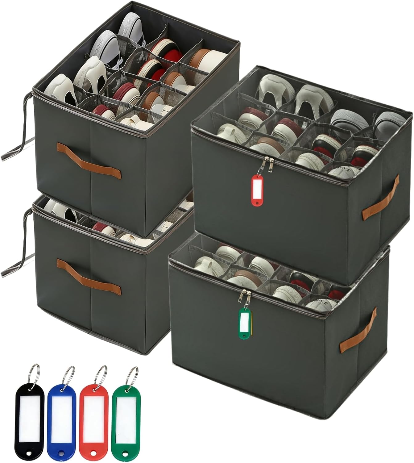 4 Pack Shoe Organizer for Closet, Large Shoe Box Storage Containers With Clear Cover, Lable and Sturdy Handles, Foldable Space Saving Shoes Box, Closet Shoe Storage, Fits up to 48 Pairs, Gray
