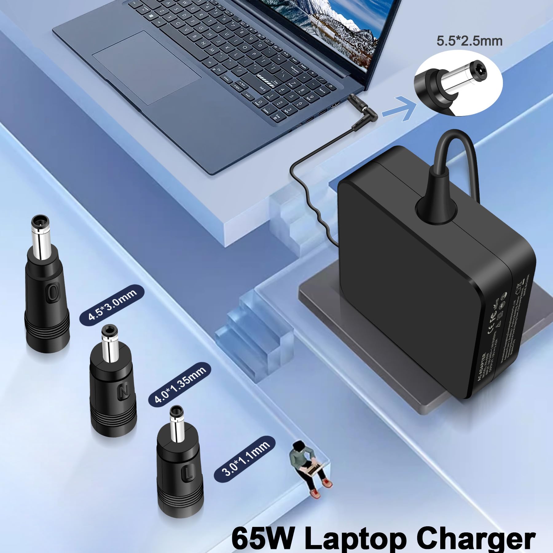 45 W, 65 W, kabel do ładowania, kompatybilny z ASUS Vivobook 14, 15, 17, S13, S14, S15, Zenbook Flip Chromebook, Eeebook, Transformer, seria Imaginebook, laptop, ładowarka z 3 okrągłymi przyłączami