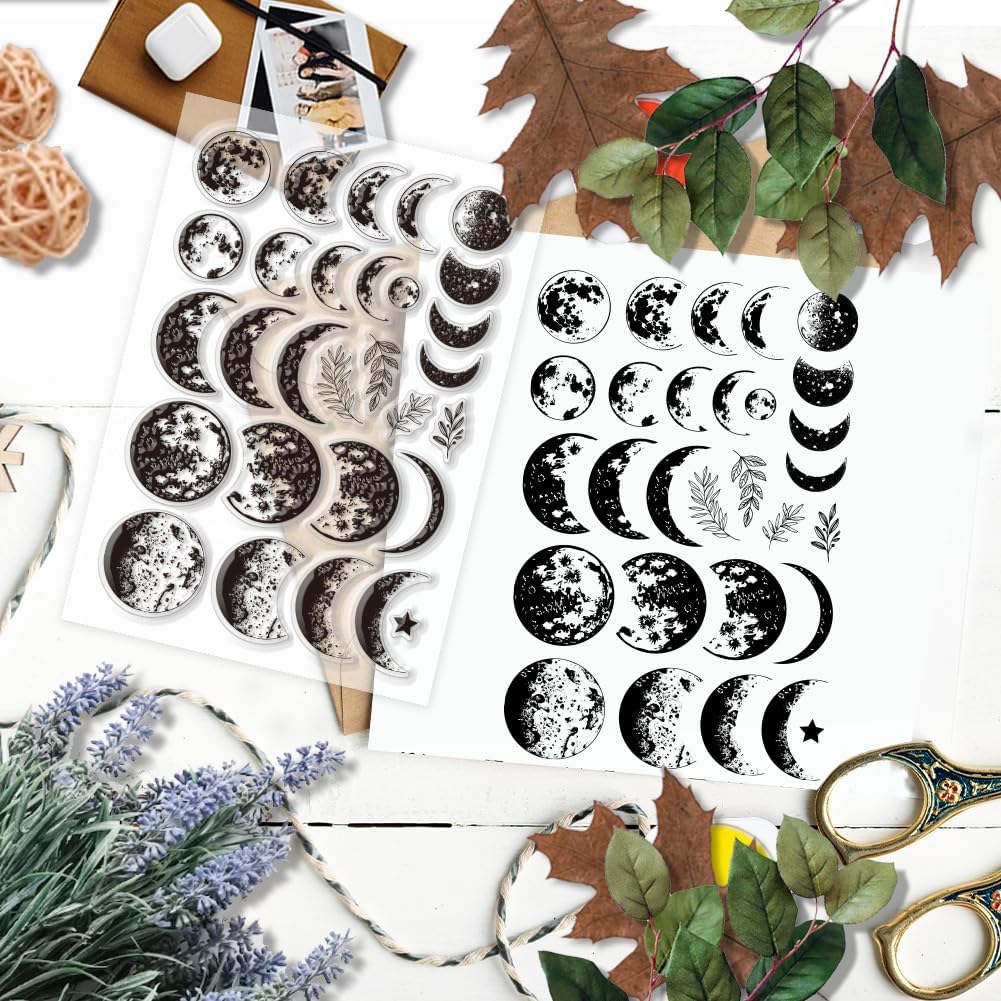 PH PandaHall Moon Phase Clear Stamp Lunar Silicone Stamp Star Rubber Stamp Moonligth Transparent Stamp Leaf Seal Stamp for Card Making Journaling DIY Scrapbooking Notebook Decor 6.2x4.3 Inch