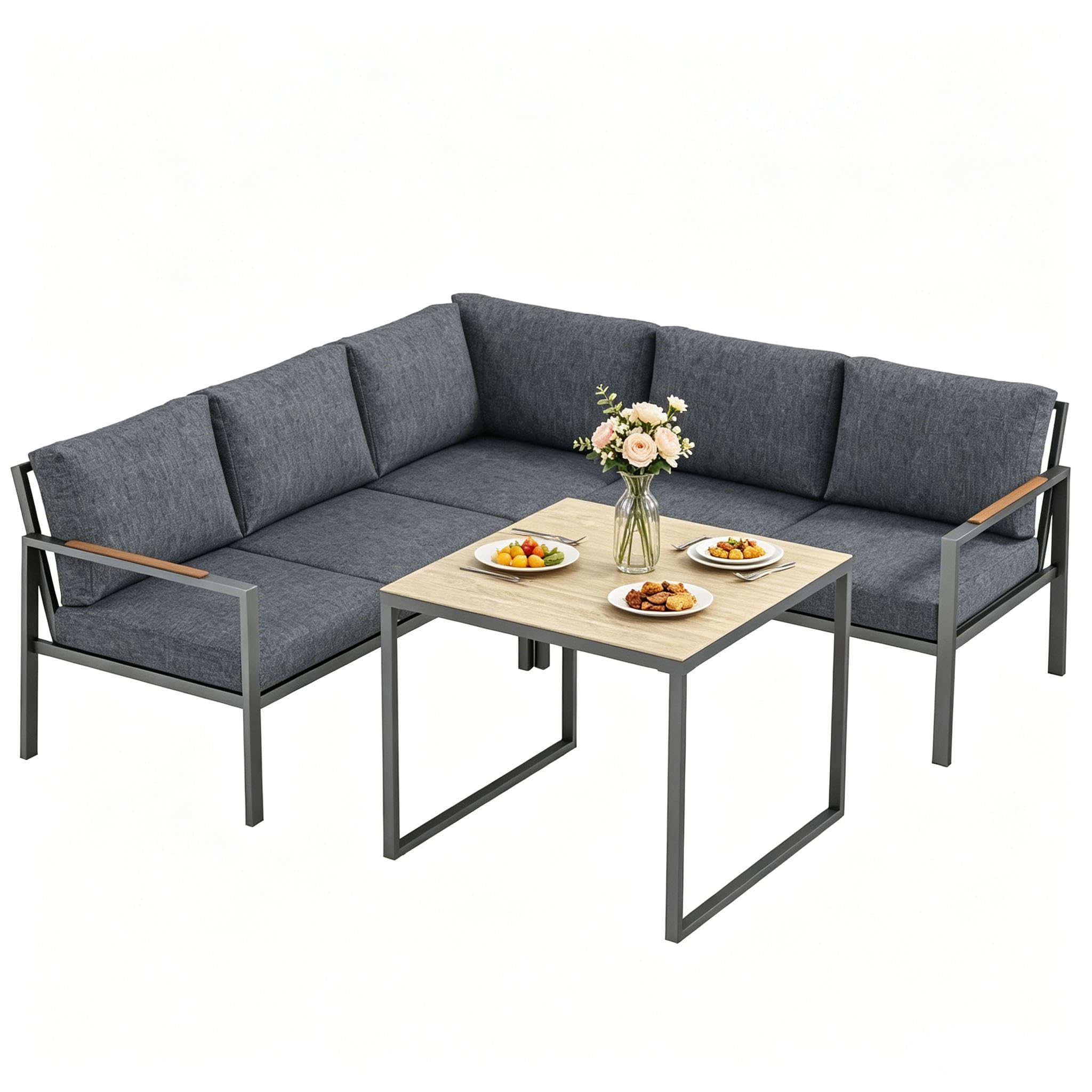 Gartenlounge Set Outdoor Ecksofa L-Form 5 Sitzer mit Glastisch, Wetterfestes Lounge Möbel Set aus Metall mit Polsterkissen, Modulares Gartensofa für Terrasse Balkon Garten, Dunkelgrau