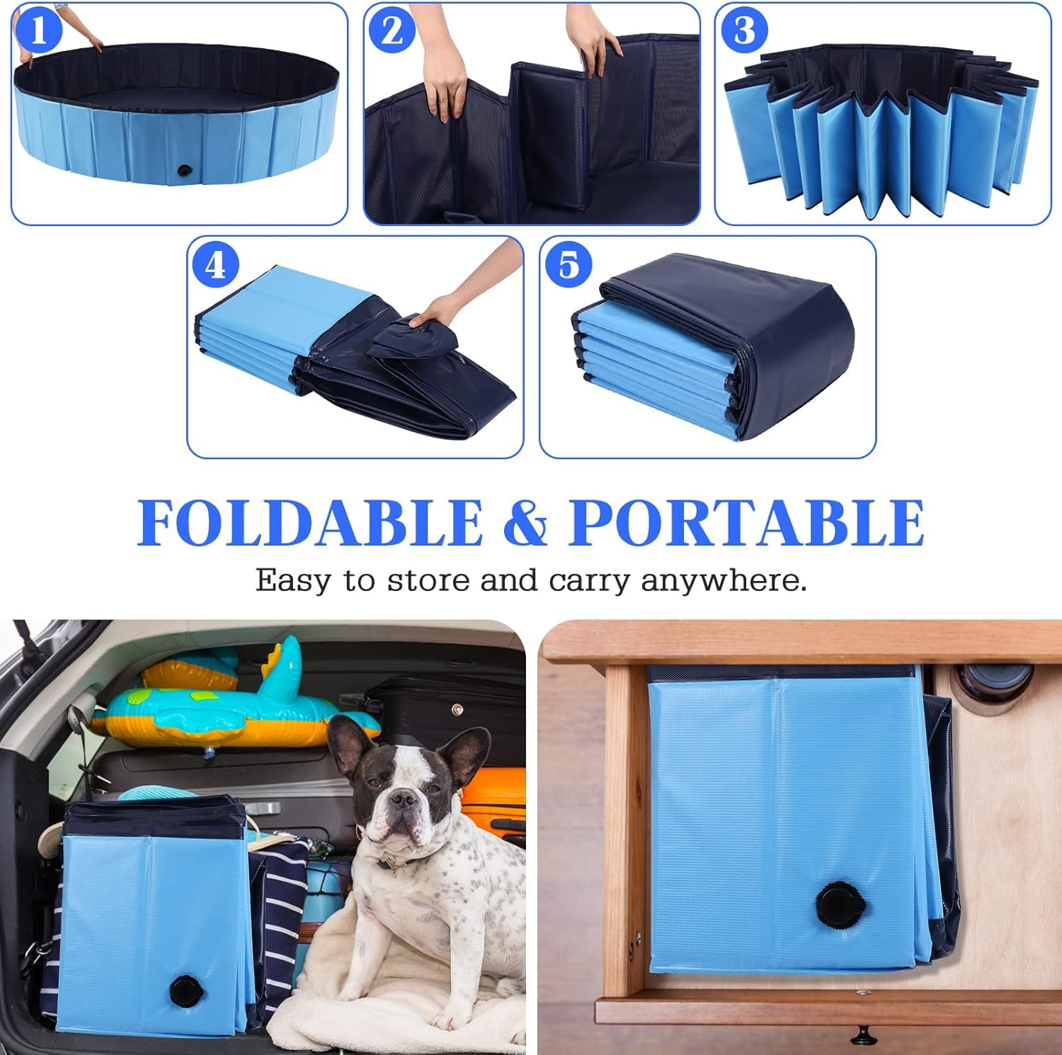 Hundepool Faltbar, Anti-Rutsch Planschbecken für Hunde & Katzen, Robuste Hundebadewanne aus 3-lagigem PVC & MDF, Wasserdichter Schwimmpool mit Abfluss für Garten Bad (100x30cm)