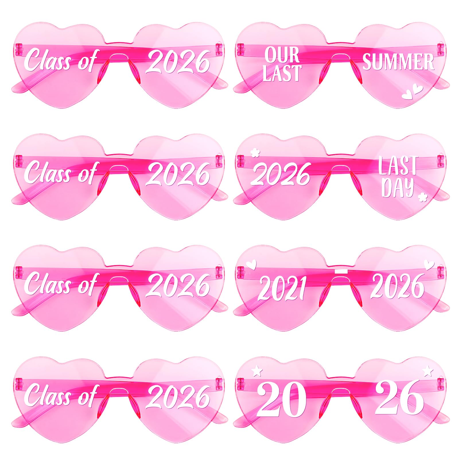 DOORIO 8 Pack Class of 2026 Glasses, 2026 Graduation Party Sunglasses Bulk Heart Shaped Prom Party Favours 2026 Graduation Gifts (Class of 2026, Pink)