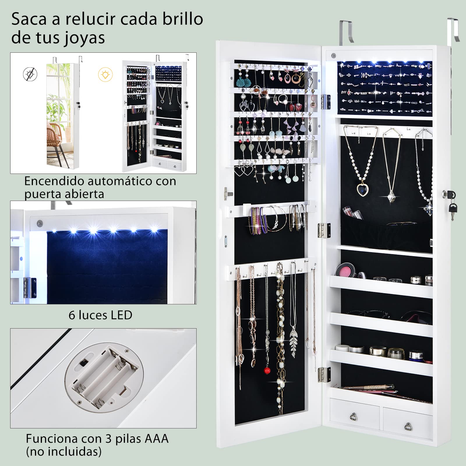 COSTWAY Armario con Espejo Joyero, Puerta LED y 2 Cajones, Cuerpo Entero para Dormitorio (Blanco)