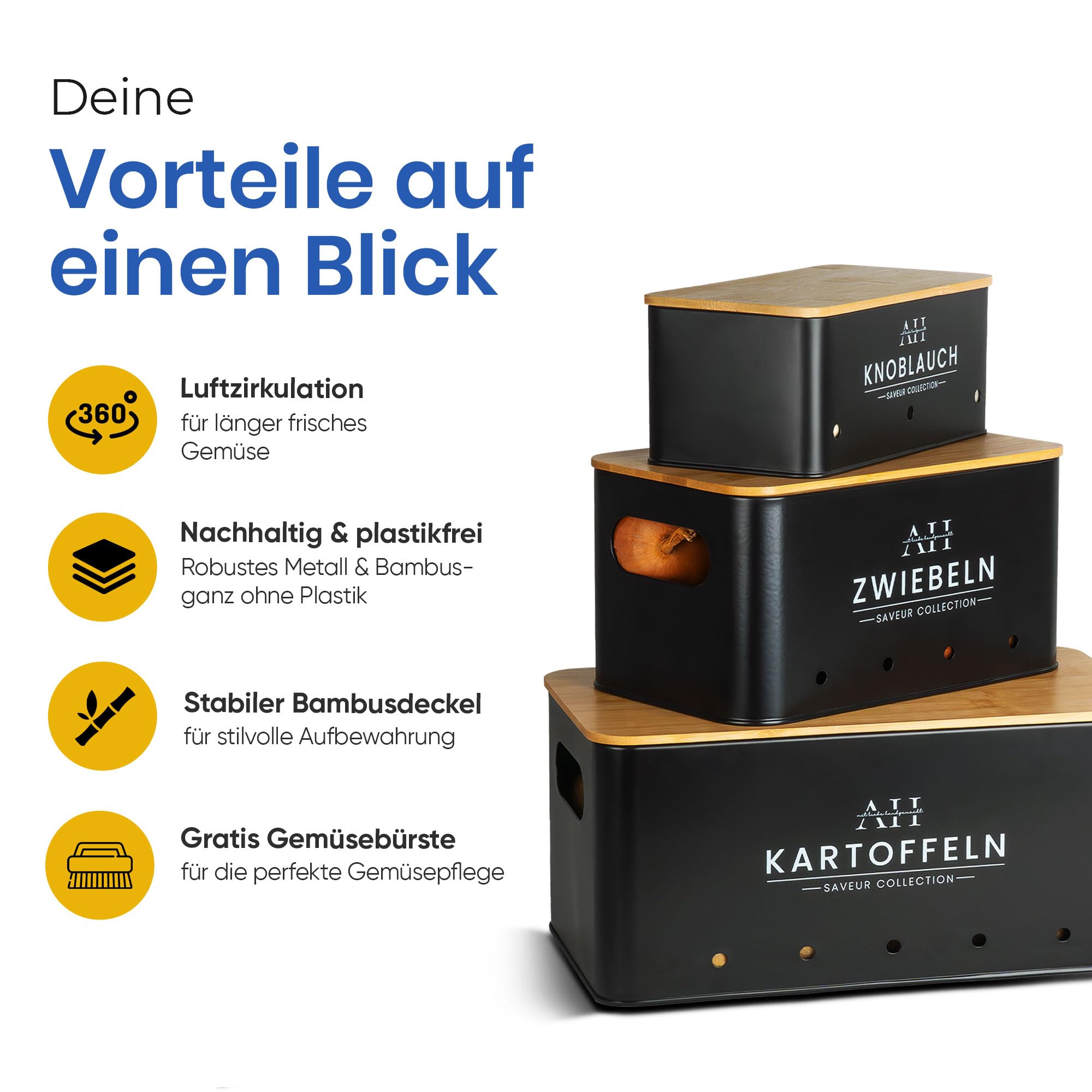 AH® Kartoffel Aufbewahrungsbox inkl. Gemüsebürste [5er Set] - Zwiebeltopf, Kartoffelbox - Geeignet für Gemüse & Zwiebel Aufbewahrung