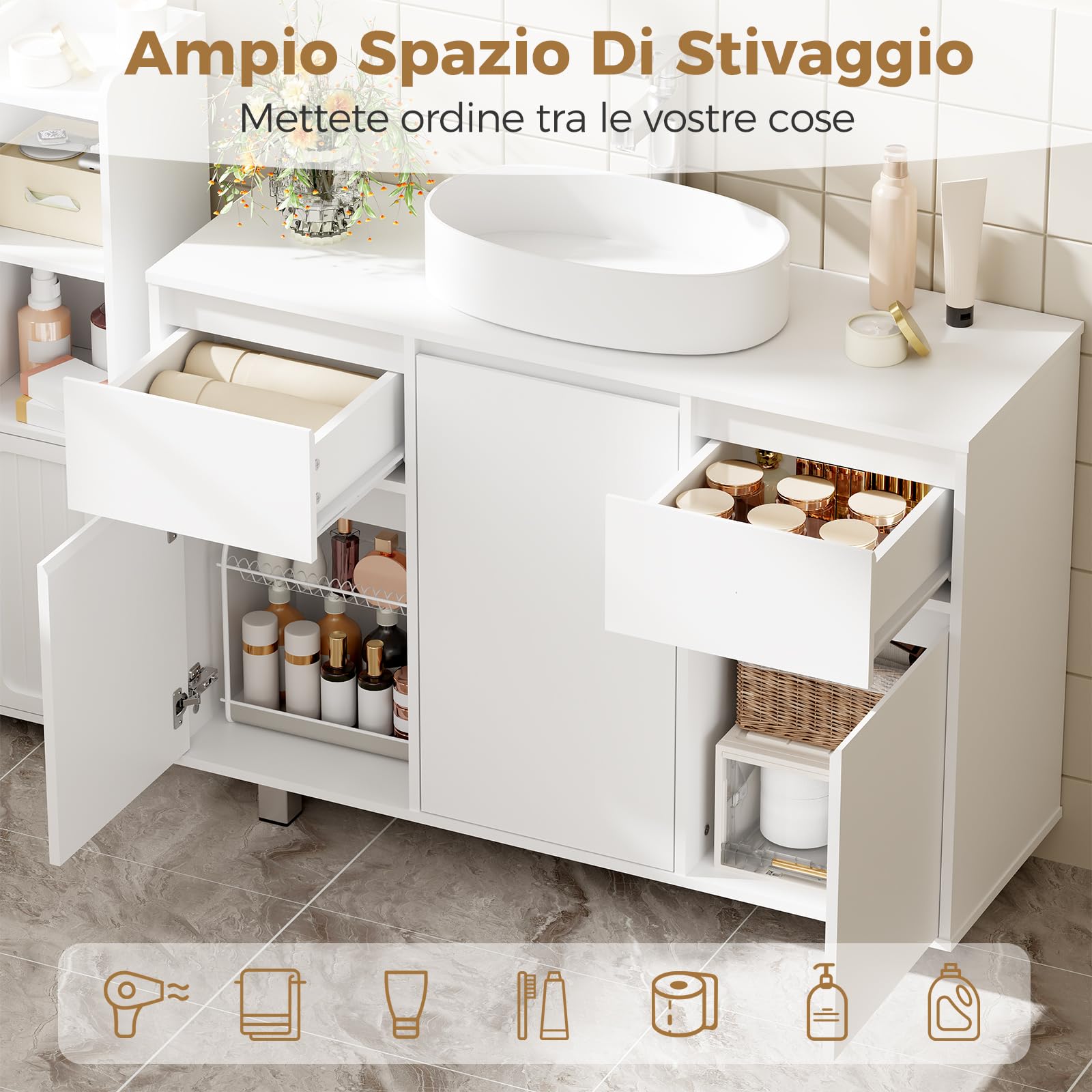 BEWISHOME Mobile Sottolavabo per Bagno, Mobiletto da Bagno, Doppio Cassetto, Tre Ante, Ampia Capacità di Contenimento, Mobile Bagno con Gambe, 90 x 30 x 62,5 cm, Bianco, EYSG01W