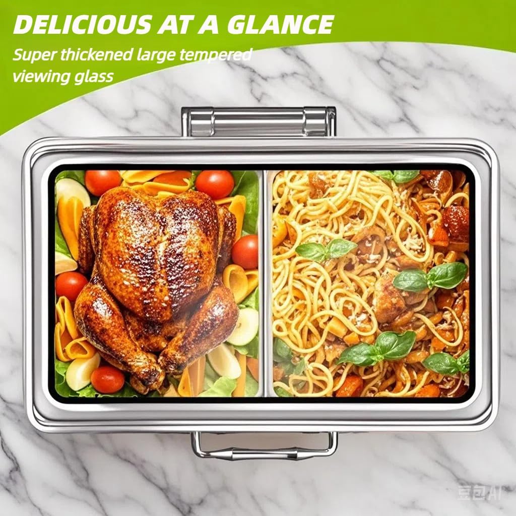 9QT Silver Chafing Dishes for Buffet, Stainless Steel Catering Supplies Buffet Display with Glass Lid & Hydraulic Damping,Food Heater Tray Buffet for Party, Wedding, Hotel & Banquet