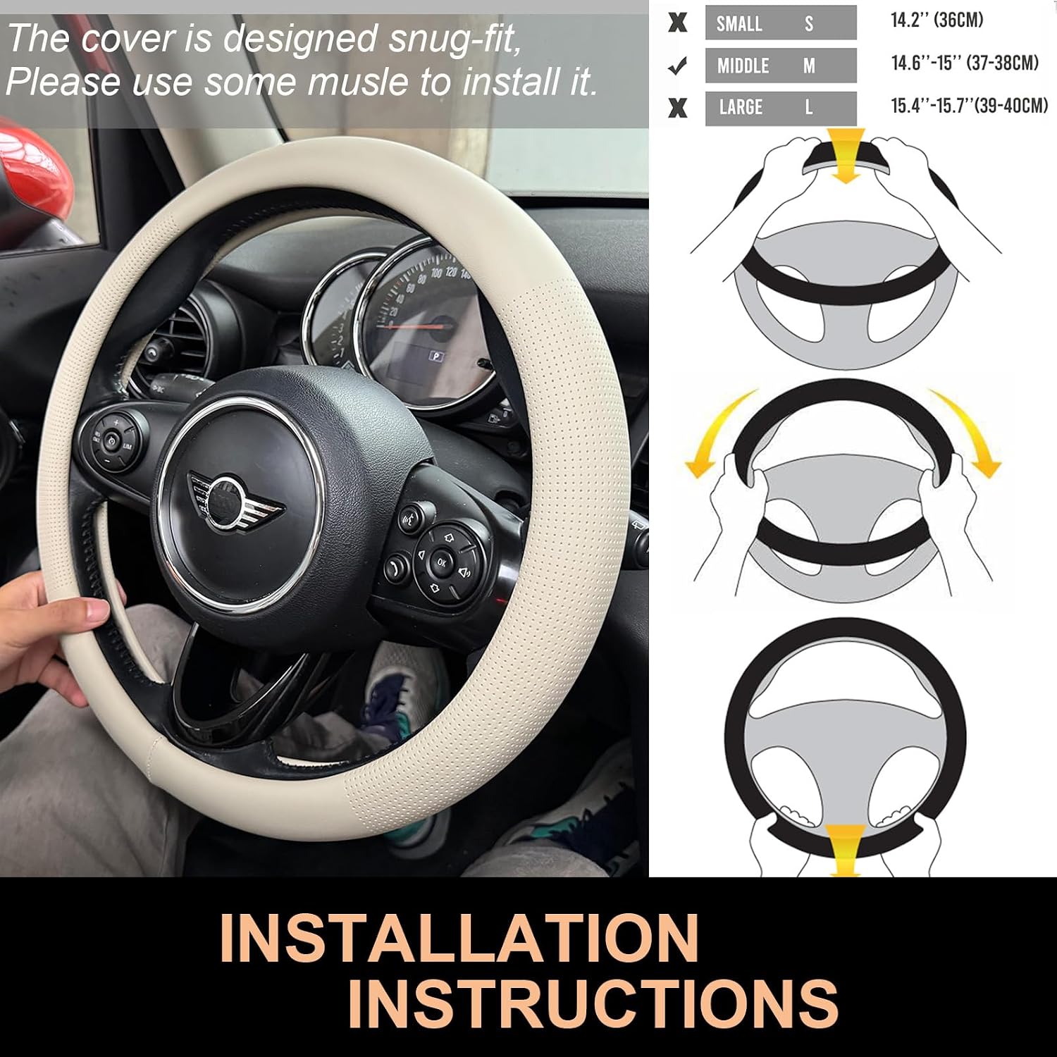 PINCTROT Nappa Leather Steering Wheel Cover, Slim Fit No Bulk Design, One Piece Leather with Breathable Perforation, Fit Like Gloves, Universal 14.5-15 Inch(Nappa Beige)