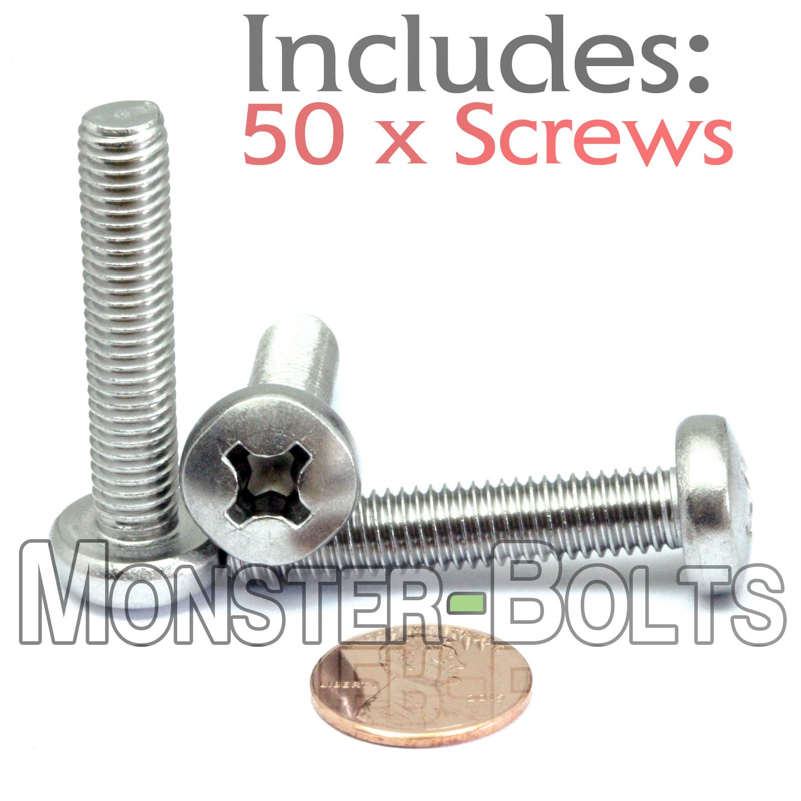 MonsterBolts - M8 x 40mm Phillips Pan Head, DIN 7985A, Stainless Steel, 50 Pack