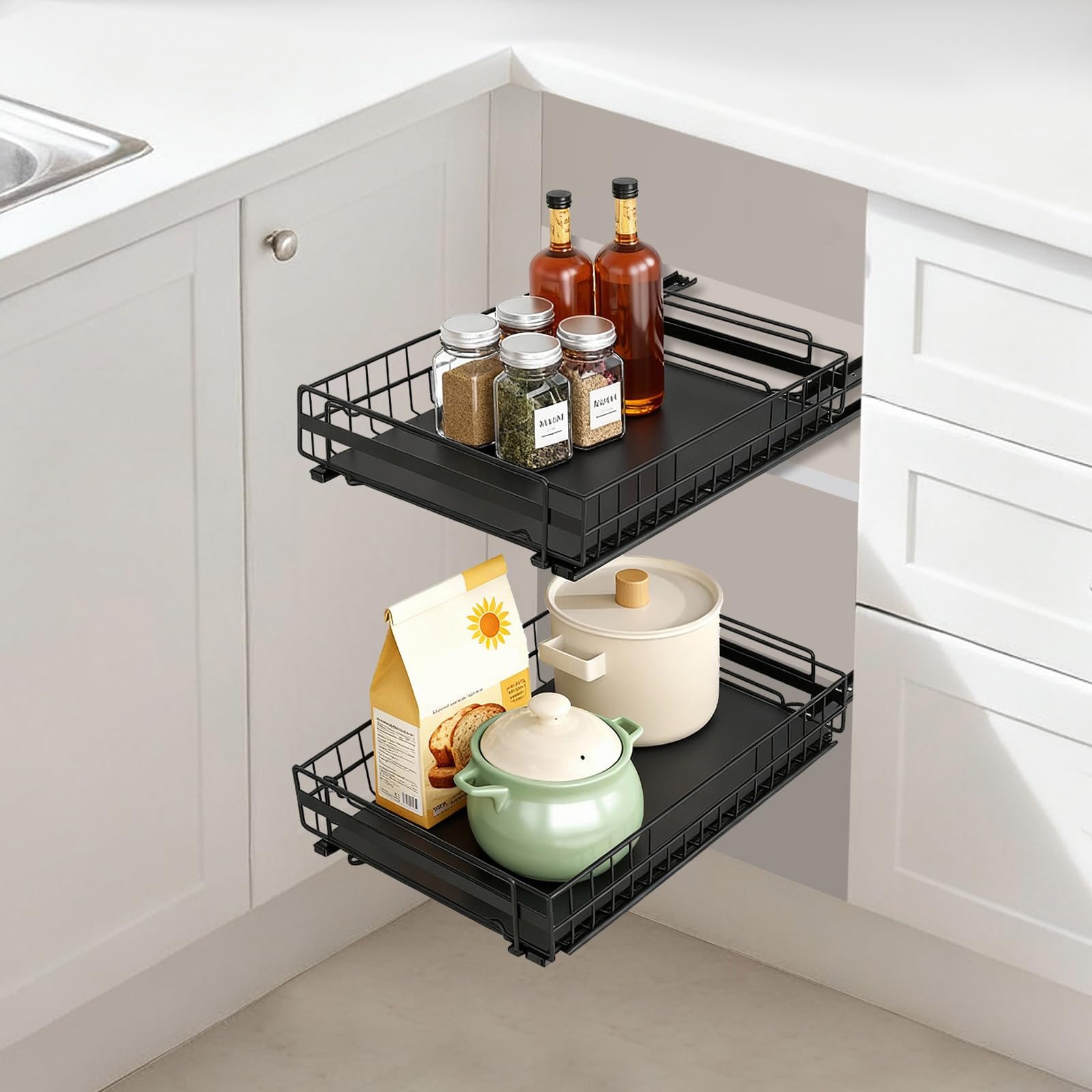 2 cajones telescópicos para armarios de cocina, cajones extensibles, cajones para cafeterías, cocinas, tiendas de leche (negro)
