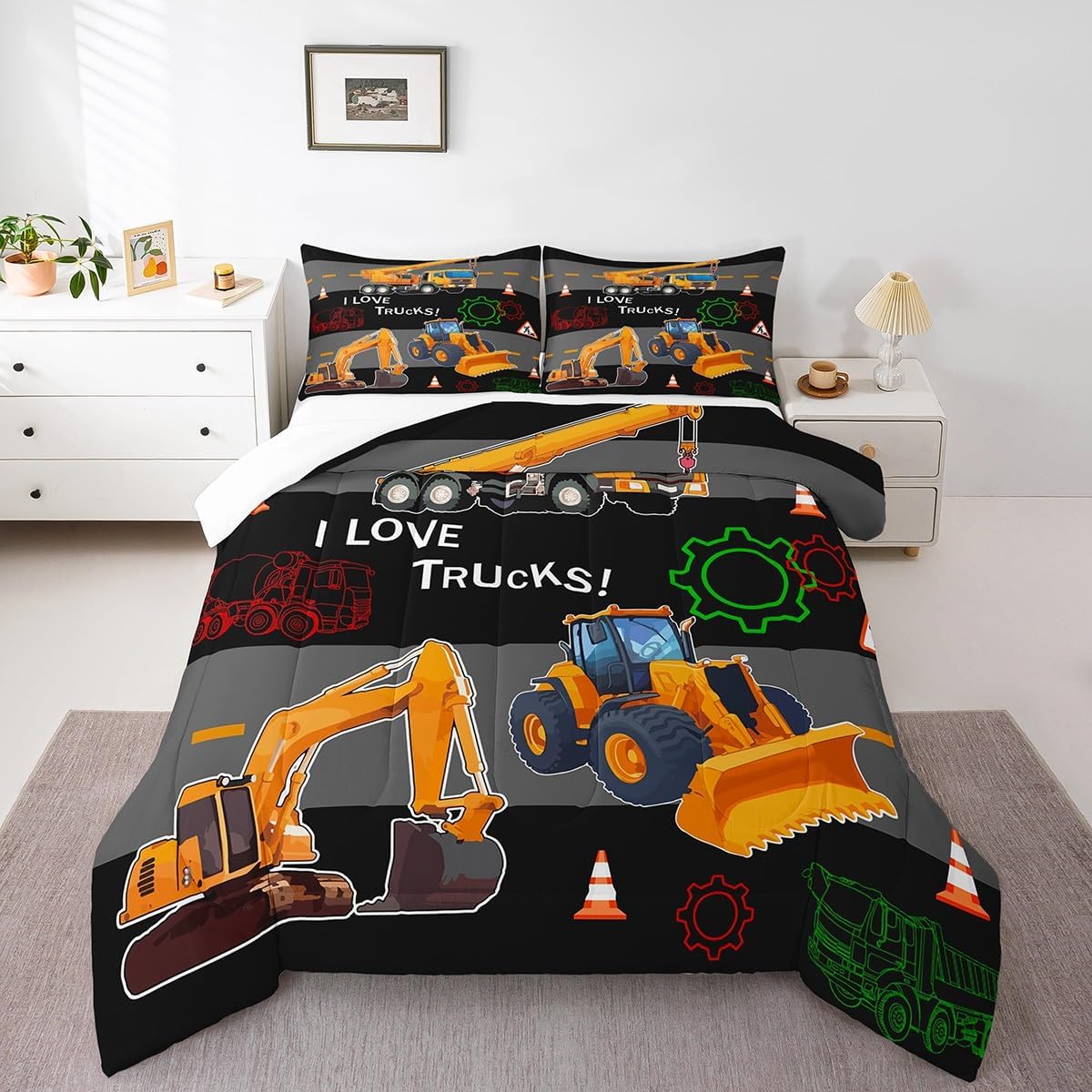 Kids Equipment Trucks Bedding Set Twin Boys Excavators Construction Site Vehicle Car Decor Comforter Cover for Children Bedroom 1 Orange Black Tractor Comforter With 1 Pillow Case