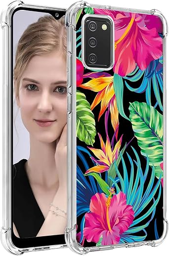 for Samsung Galaxy A03S,TPU Soft Rubber Four Corners Reinforced Anti-Fall Mobile Phone case Cover for Samsung Galaxy A03S/Galaxy A02S. Black Pink Flowers