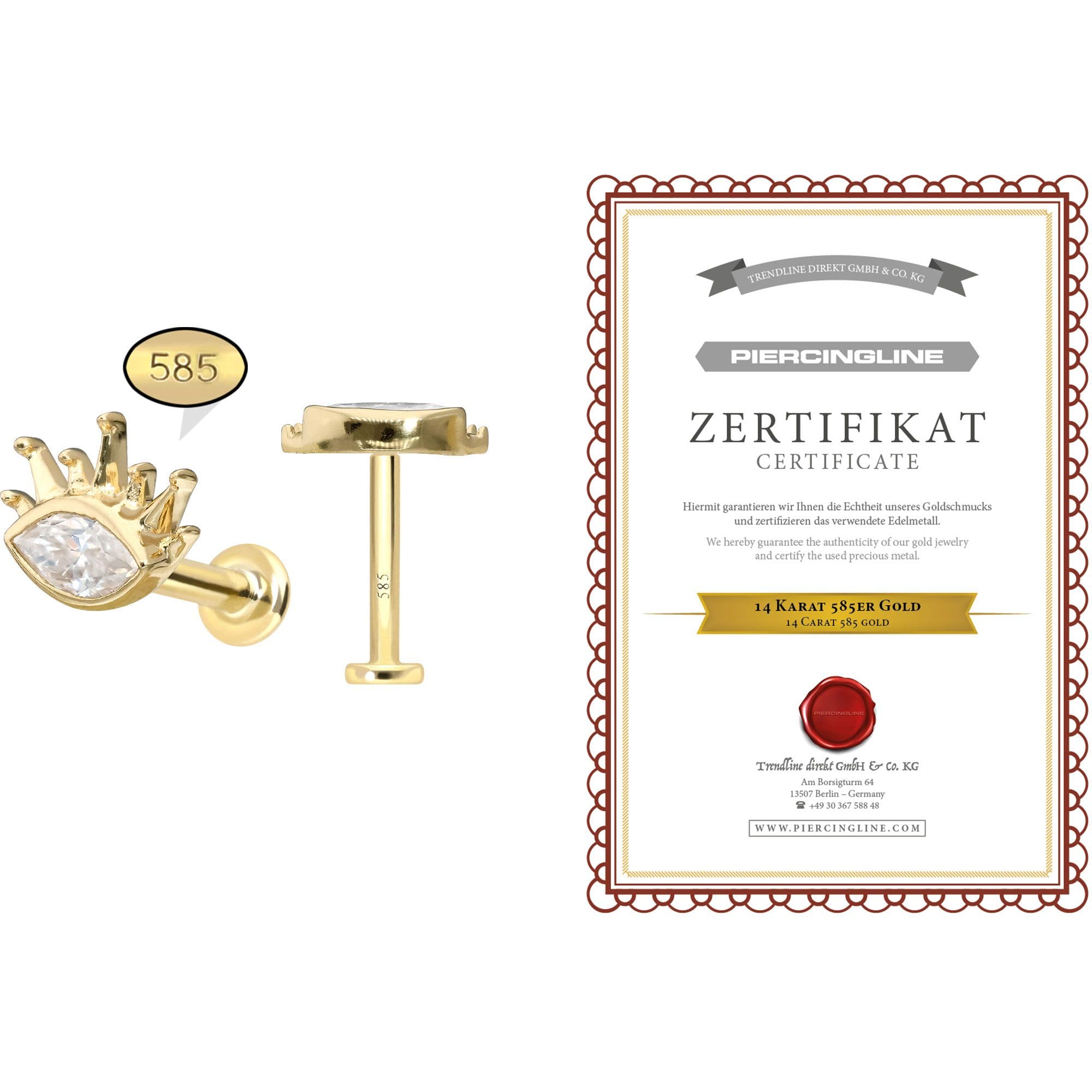 PIERCINGLINE Piercing Stecker 14 Gold Labret mit Innengewinde MOISSANIT-OVAL + SONNENSTRAHLEN 585er Gold - Roségoldfarben, Goldfarben, Silberfarben
