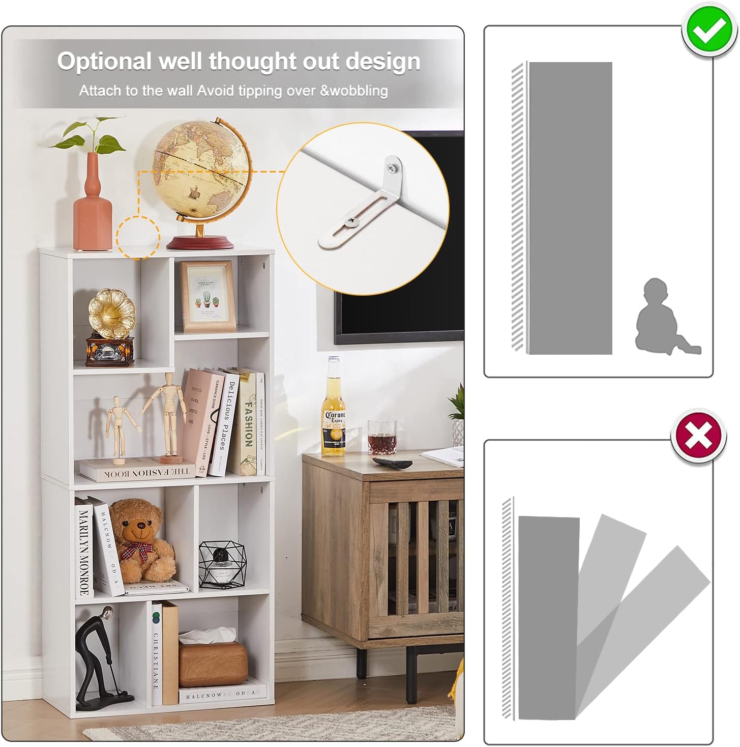 VECELO 42" Modern White Bookshelf, 7 Cube Organizer Bookcase,Fits Tallest Hardcovers, Horizontal Available,Floor Standing Display,Easy Assembly,White