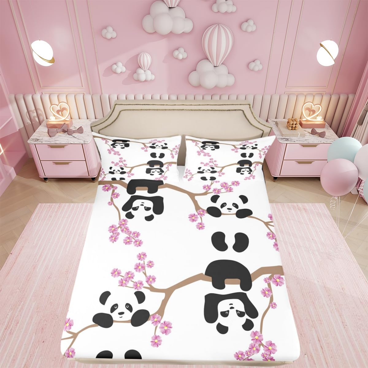 Erosebridal Kids Panda Fitted Sheet Cherry Blossoms Sheet Set Full Size Cute Animal Bedding Set for Boys Girls Teens Flower Branches Cartoon Bottom Sheet Soft Microfiber Bed Decorative(No Flat Sheet)
