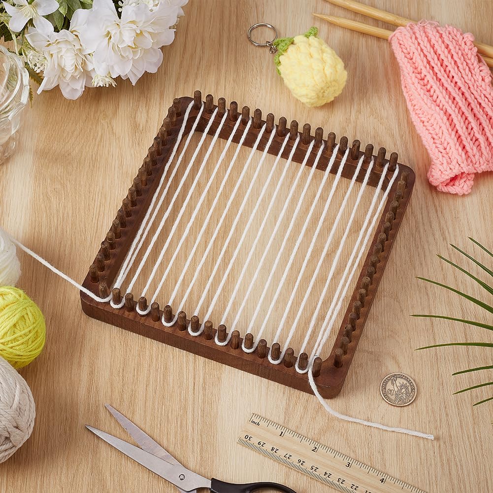 FINGERINSPIRE Narrow Spaced Looms 7.87X7.87x1.57inch Wood Knitting Loom Square Knitting Board Mat Loom Coconut Brown Color Handmade Wooden Narrow Spaced Looms for Sewing Tools Craft Kit DIY Supplies