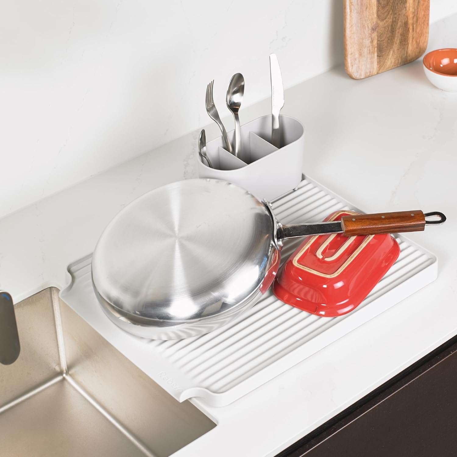 ReBorn - Recycled Dish Draining Rack - Kitchen Sinkside Drainer - Holds up to 10 Plates - Removable Cutlery Basket - Stainless Steel Rack - Made in Britain (Stone, Large)