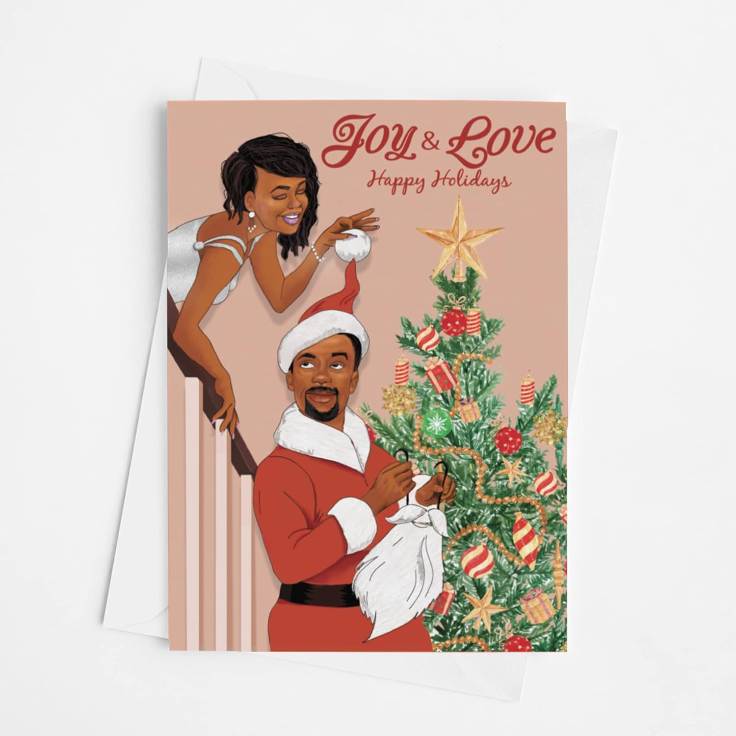 Love and Joy Holiday Christmas Cards Boxed Set - African American Husband and Wife Xmas Design - Set of 12 (5x7) Cards with Envelopes