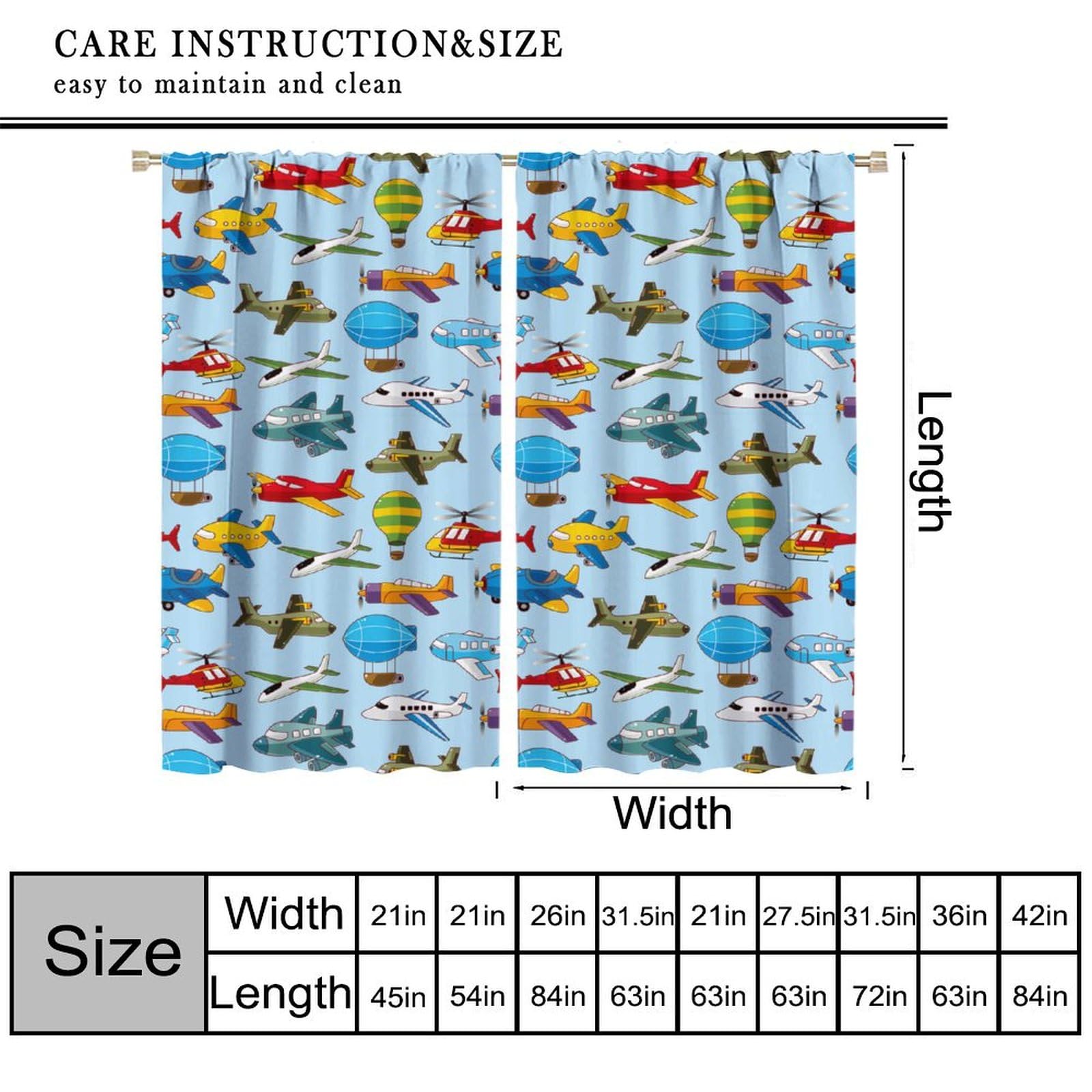 SENQIAN Cartoon Airplane Curtains for Kids Boys Girls Bedroom Decor Colorful Aircraft Art Printed Rod Pocket Blackout Window Treatments for Living Room Kitchen Cafe W36xL63in 2 Panels