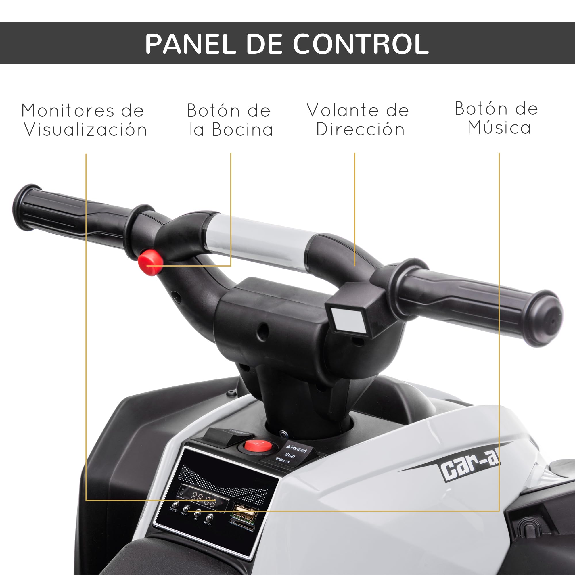 HOMCOM Quad Eléctrico para Niños 12V, Quad para Niños de 3-5 Años, con 2 Motores, Velocidad Ajustable 3-6km/h, Faros, Bocina, Música, USB, Avance y Retroceso, Blanco