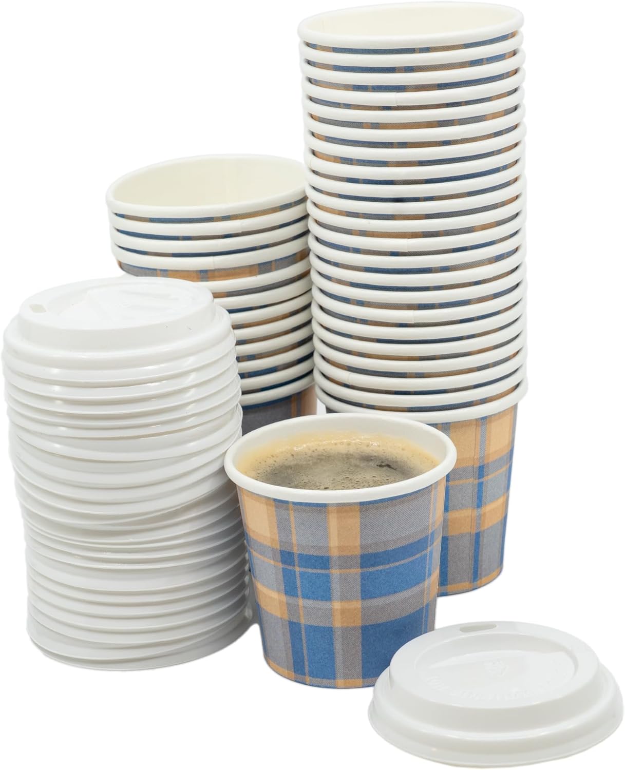 Disposable Espresso Cups with Lids - 4 Oz - 50 Sets - Blue Tartan Print - Small To Go Paper Cups with Tops for Home Office or Party - Image 4