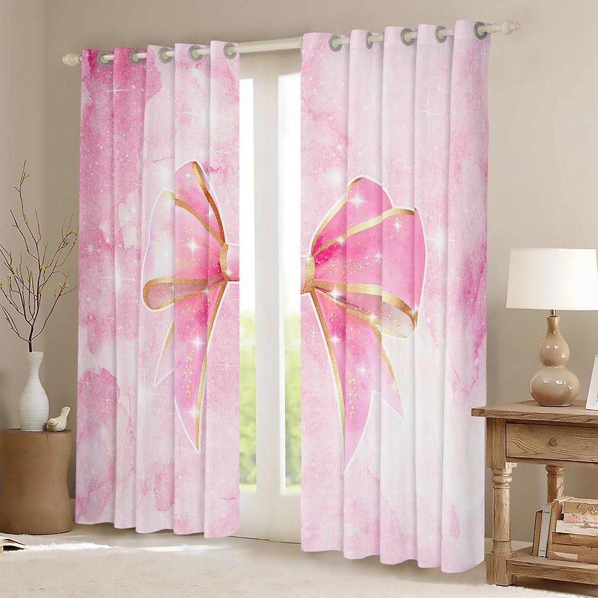 Feelyou Bow Curtains for Bedroom Living Room Bowknot Blackout Darkening Drapes Pink Bow Window Treatments, 2 Panels 38 x 54 Inch Kawaii Room Decor Pink and White