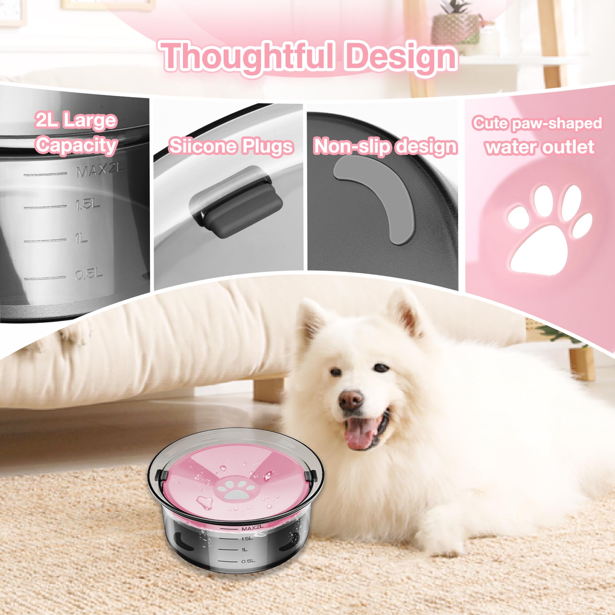 Amazon.com : 2L Dog Water Bowl No Spill, 70oz Large Spill Proof Dog Water  Bowl Reduce Refill, Slow Drinking Water Bowl Anti Splash No Mess Pet Water  Bowl for Vehicle/Outdoor/Indoor, Pink :
