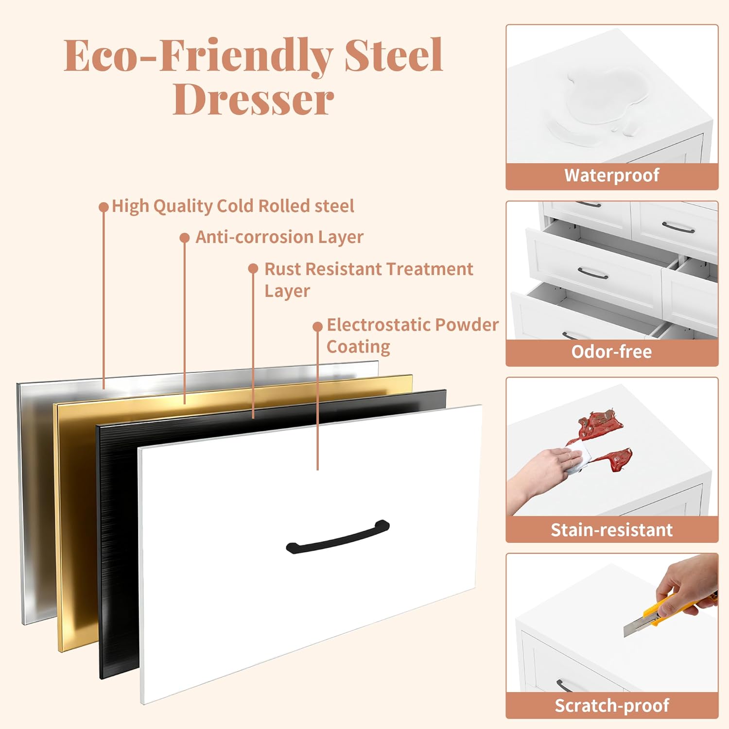 7-Drawer Dresser for Bedroom, 52" Wide White Steel Chest of Drawers with Anti-Tipping Design, Odor-Free Easy to Clean Storage Organizer for Living Room, Entryway, Hallway, Home Office