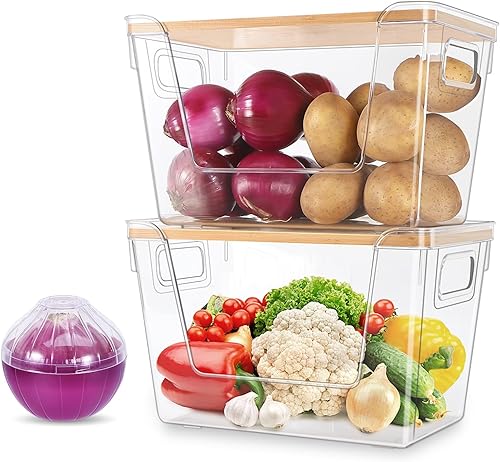Juego de 2 organizadores de despensa de cocina y contenedores de almacenamiento con un protector de cebolla para nevera, papa, frutas, productos,