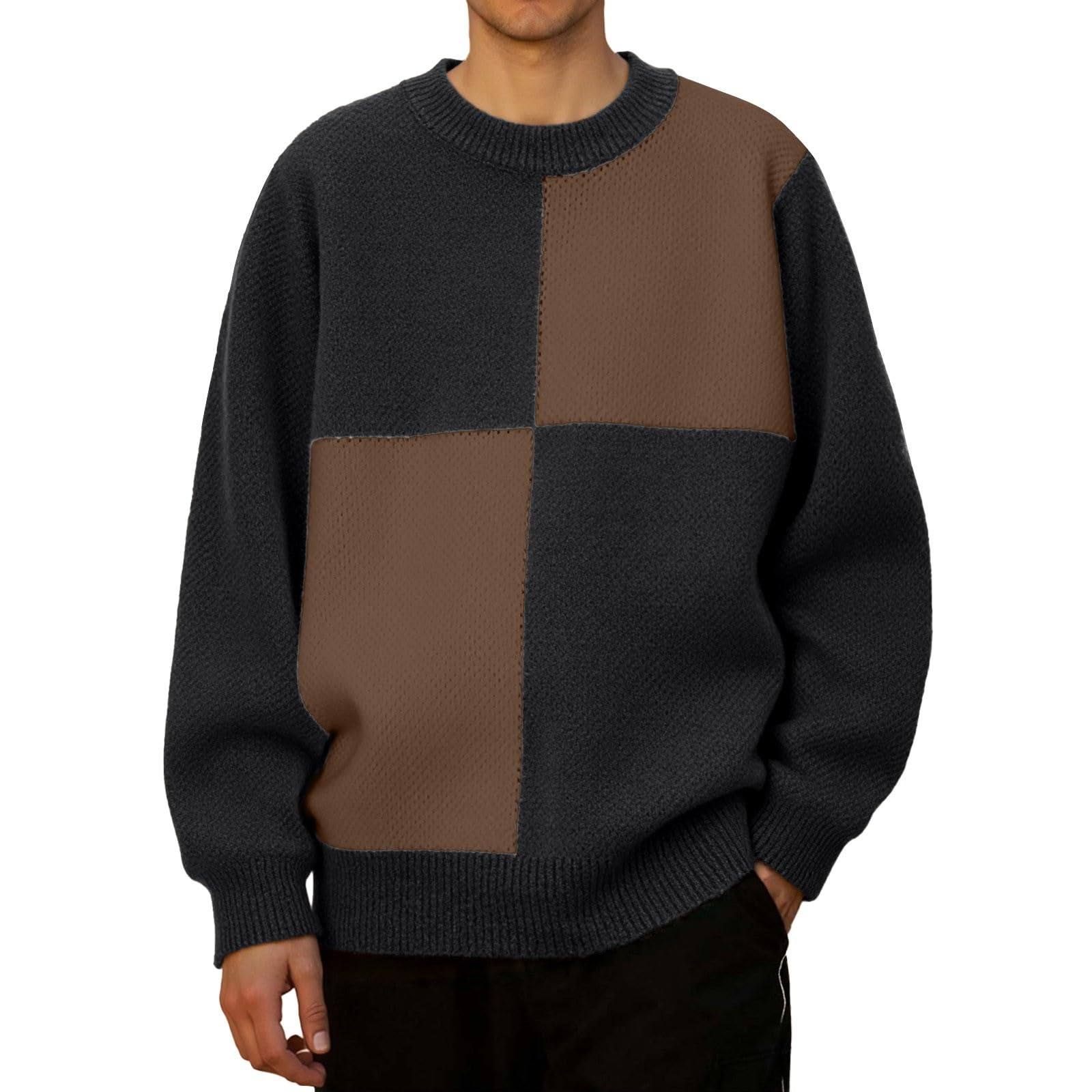 Generisch Jersey de punto para hombre, cuello redondo, cuello redondo, jersey de invierno, manga larga, patchwork, suéter de punto, informal, para negocios, invierno, tiempo libre, trabajo