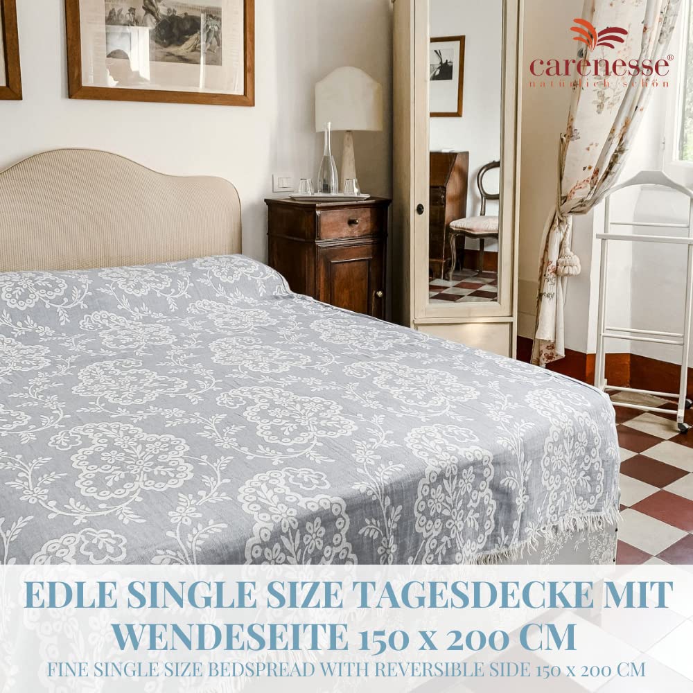 Carenesse Couvre-lit jacquard 150 x 200 cm gris I Couverture réversible élégante et délicate en 100 % coton avec tissage de qualité supérieure I Jeté pour lit et canapé I Plaid fin et léger