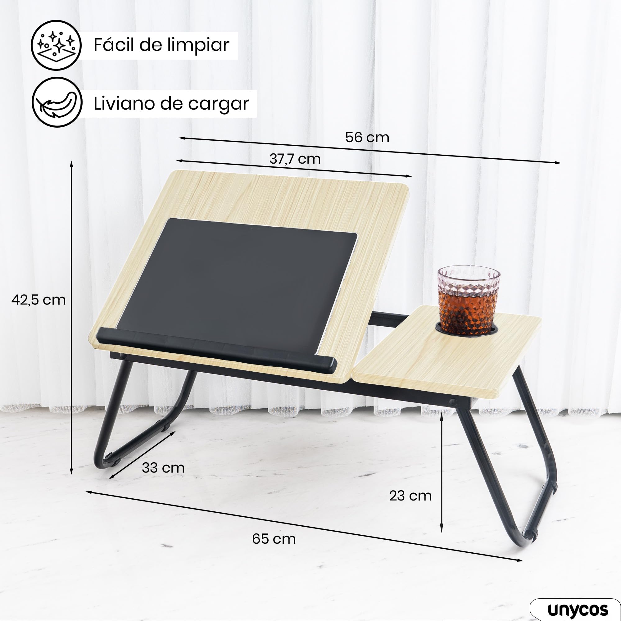 unycos - Bandeja para Cama y Sofá Reclinable, Mesa Plegable de Desayuno con Portavasos para Ordenador Portátil y Libros, Mesita Auxiliar en MDF/Acero/Plástico 56x33x23cm | 22,04" x12,99 x9,05 (Arce)