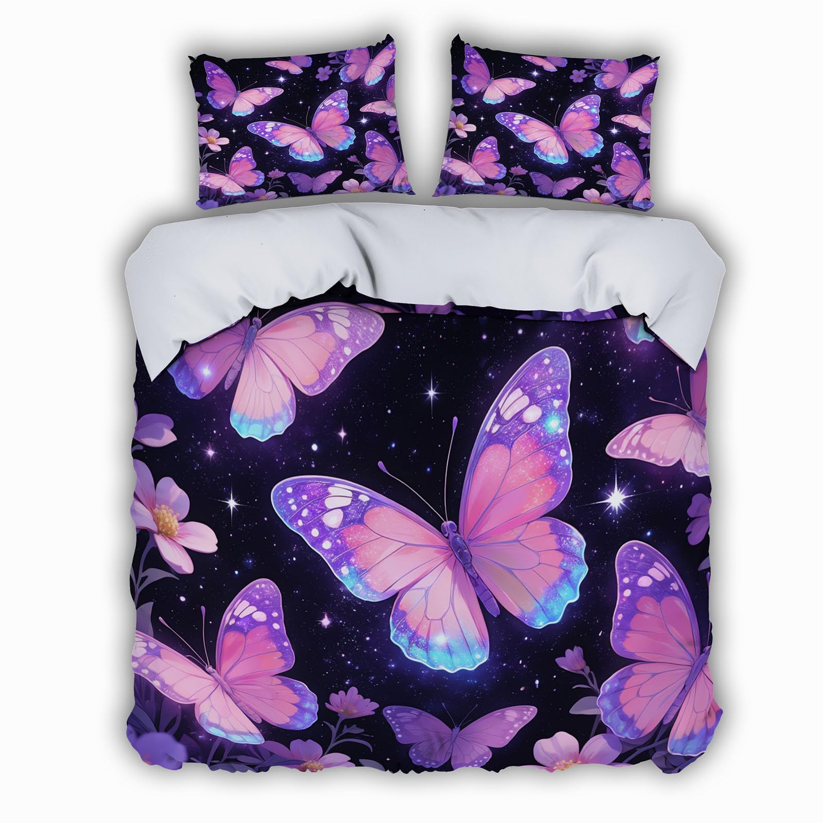 Housse de couette 240x260 3D papillon avec 2 taies d'oreiller pour lit 2 personnes