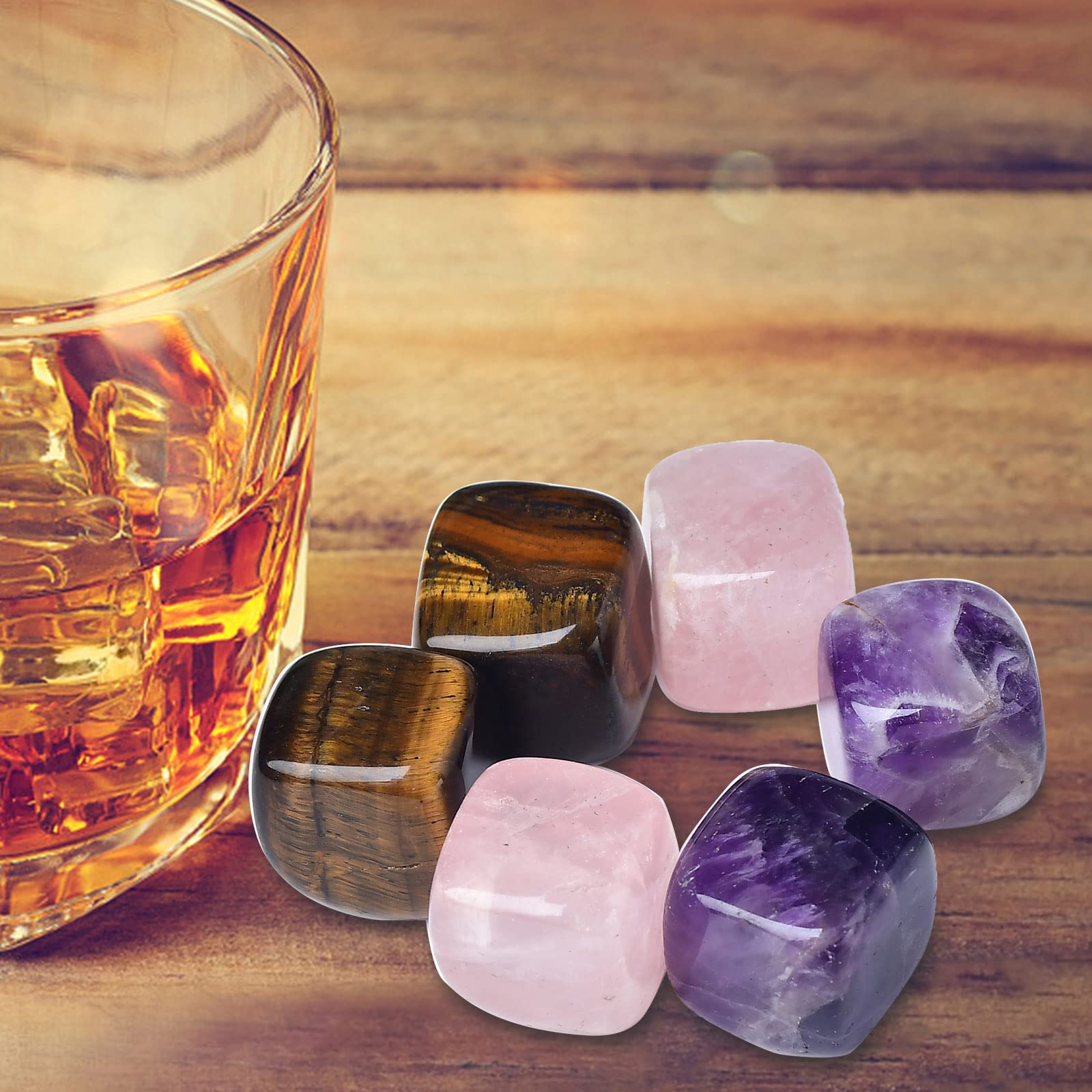 FZBHRO Whiskey Stones Chilling Crystal Ice Cubes for Drinks Whiskey Rocks 0.7-0.8" Wine Cubes Gifts for Women Multi Quartz Set of 6
