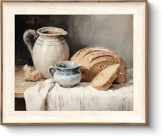 ASTRDECOR Framed Kitchen Wall Art, Modern Muted Still Life Painting Farmhouse Wall Decor, Sourdough Bread Canvas Wall Art Prints, Rustic Jars White Tablecloth Country Wall Decor Living Room-10''x 12''