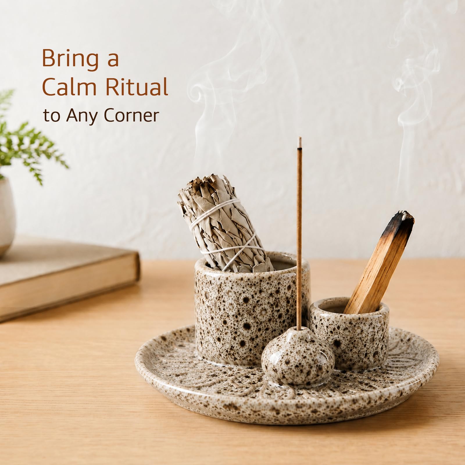 Palo Santo Räucherstäbchenhalter, 4-in-1 Keramik-Räucherstäbchenhalter & Kerzenhalter, Aschefänger & Schmierstabhalter für Meditations- und Yoga-Raum (Braun)