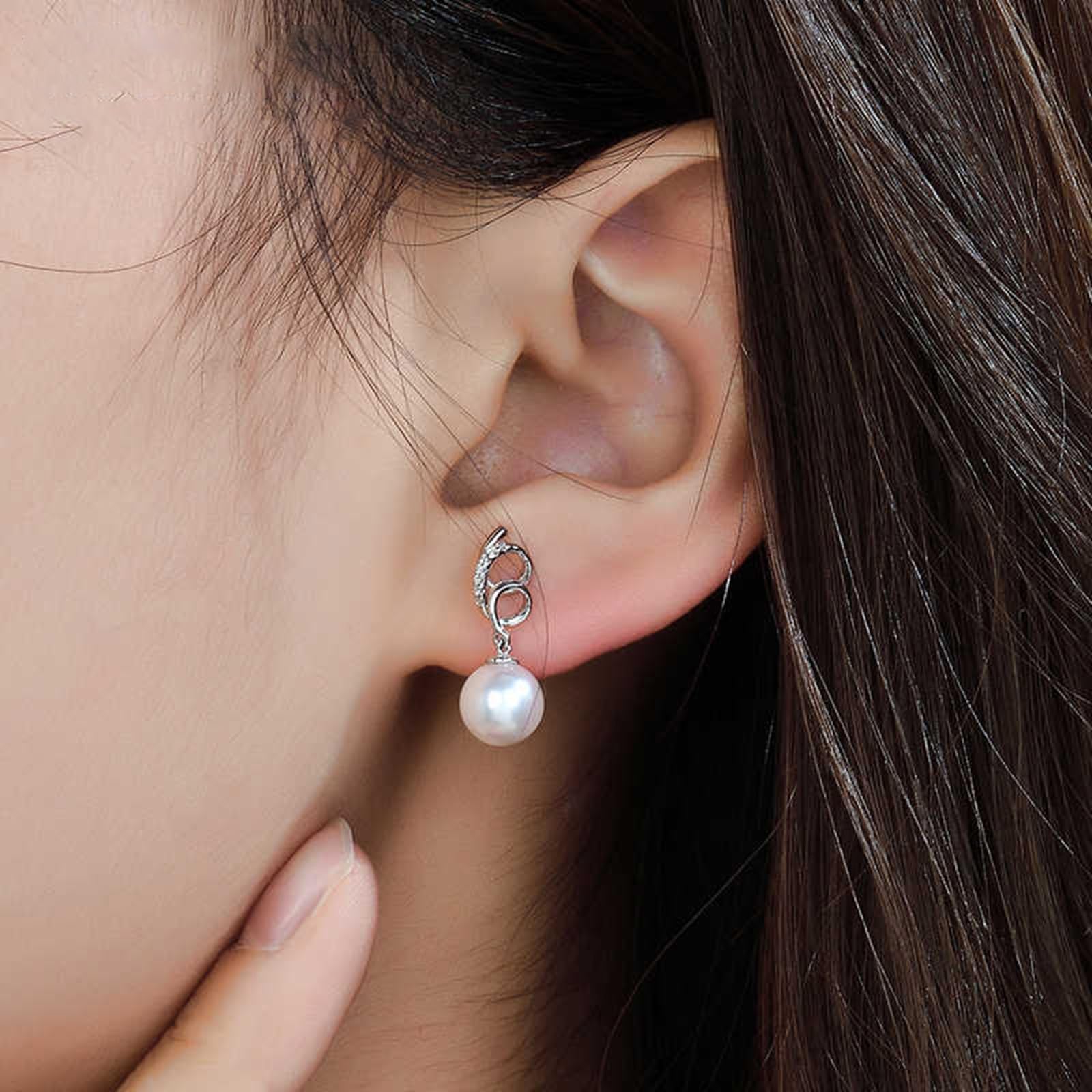 Orecchini Pendenti, Oro Bianco Orecchini di diamanti con perla pendente 7,5-8 mm
