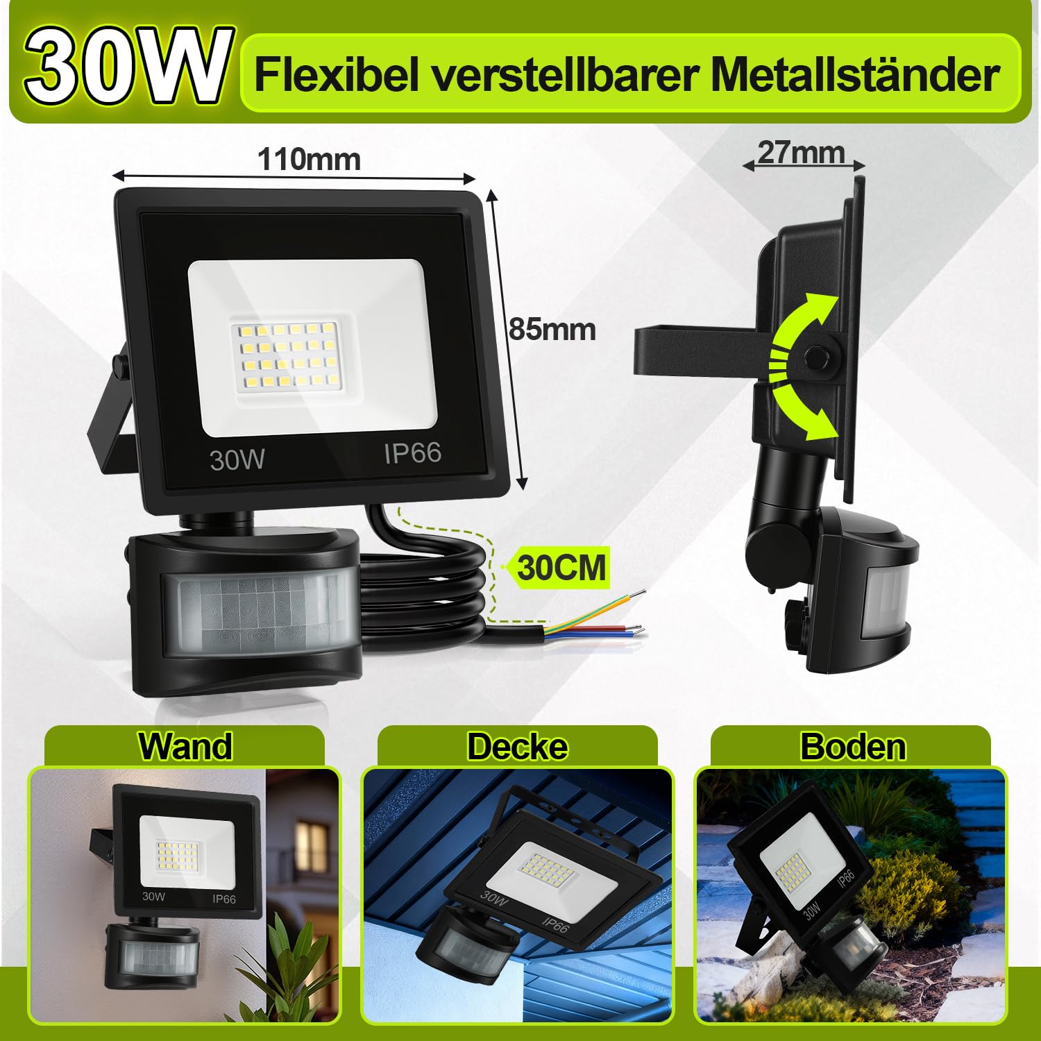 LED Strahler IP66 Wasserdicht mit Bewegungsmelder – 10 Stücke 2400LM 6000K Kaltweiß Superhell, Innen/Außen Scheinwerfer für Sportplatz & Garage (kein Stecker)