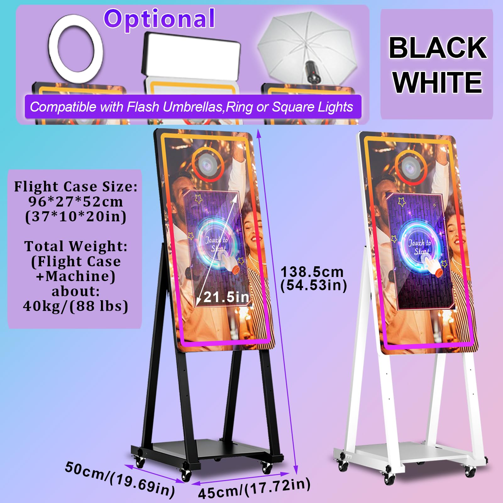 Maszyna do fotobudki fotograficznej z magicznym lustrem 101.6 cm z ekranem dotykowym 55.9 cm i lampą wypełniającą, z futerałem lotniczym, wbudowanym mini PC, sterowanie aplikacją, światło RGB na