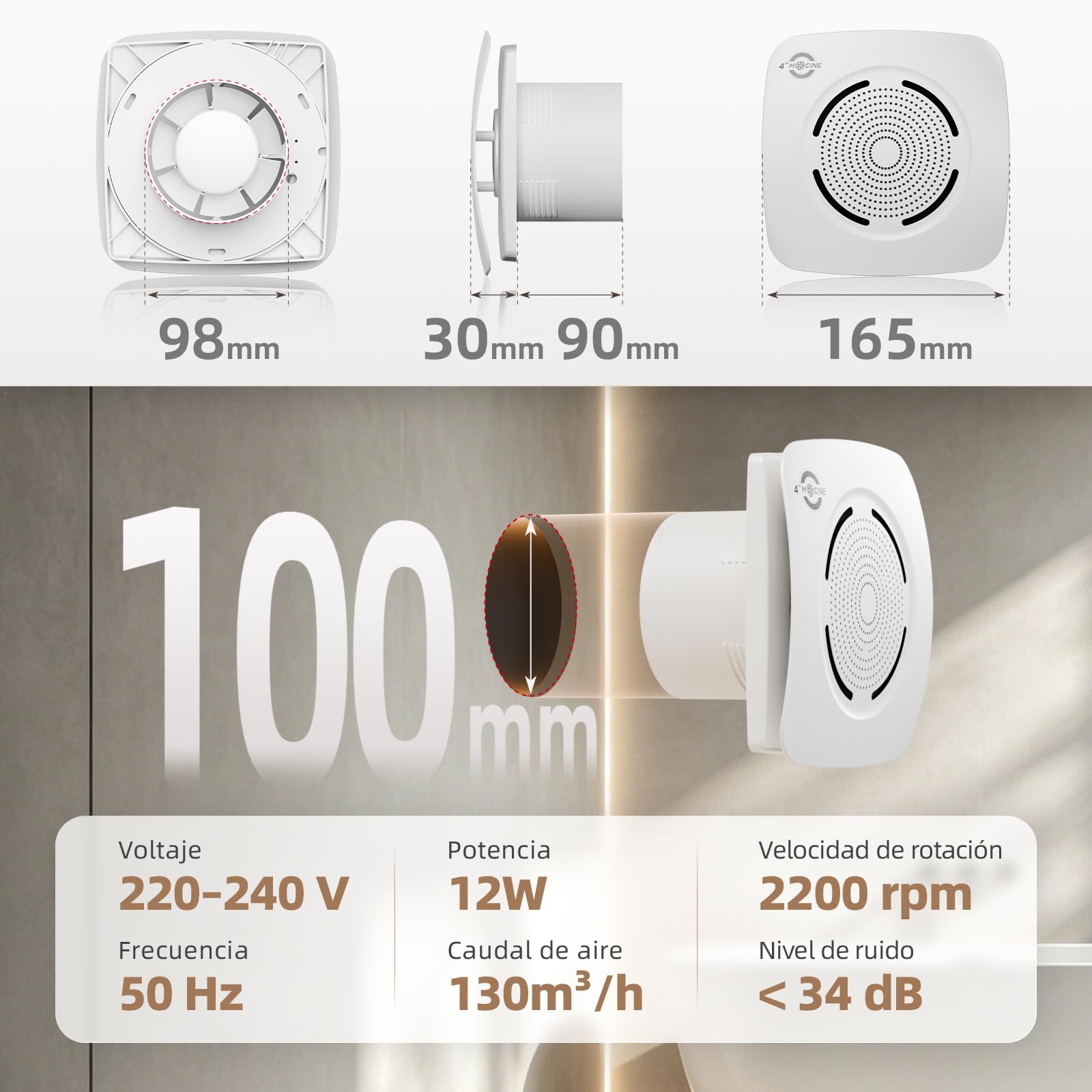 MOCINE Extractor de Baño 100 mm, Caudal de Aire 130 m³/h, Blanco | 50 % PC+ABS · Doble rodamiento de bolas · Protección contra sobrecalentamiento · Más de 30000horas de vida útil