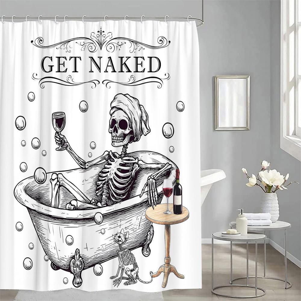 Funny Skull Skeleton Shower Curtain Get Naked Gothic Black White Skeleton in Bathtub Spooky Fun Halloween Bathroom Decor Curtains Set with Hooks, 70" W x 90" H
