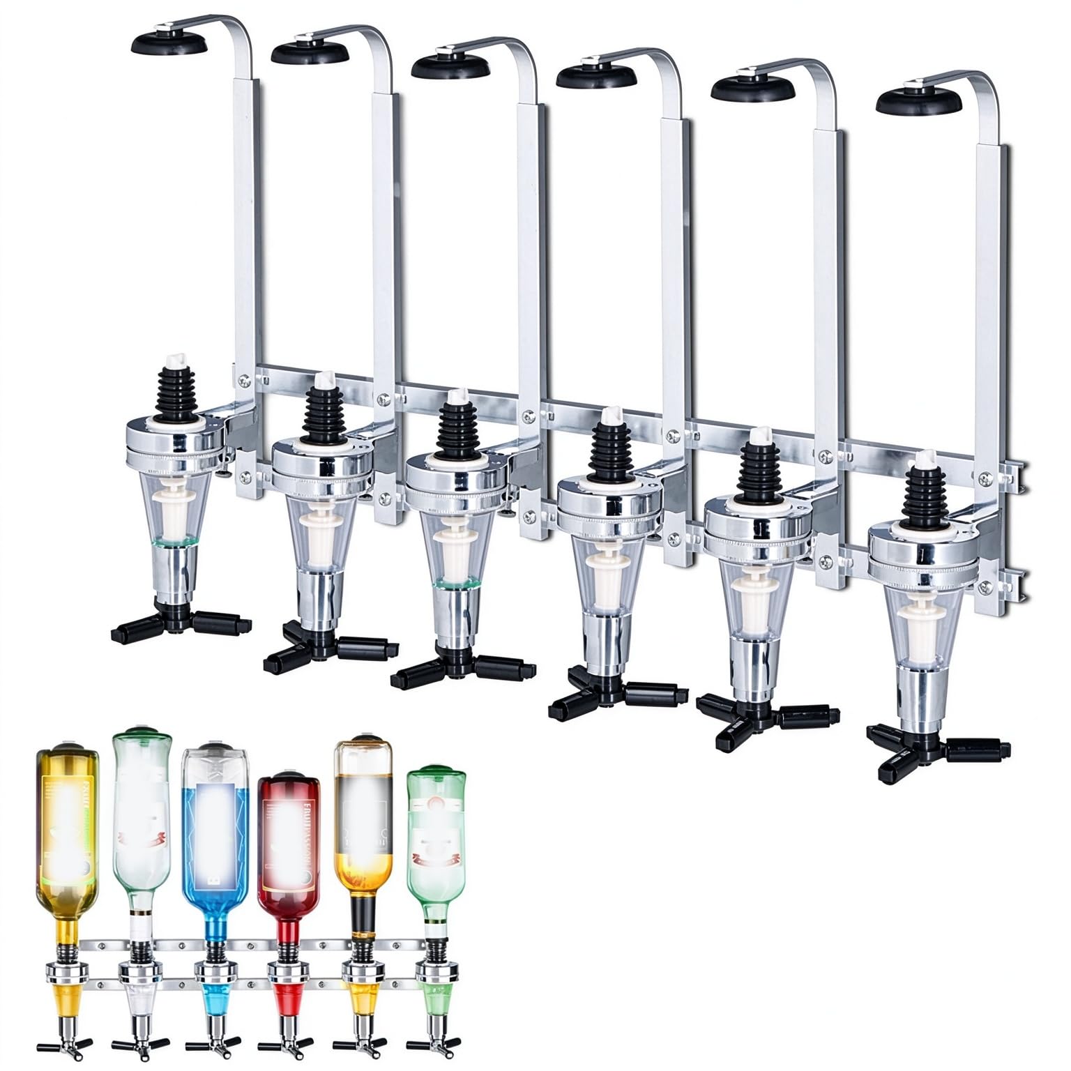 Dispenser Di Liquidi A Parete Per 6 Flaconi Con Supporto Per Pompa Regolabile, Ideale Per Cucine, Bar E Per Riporre Bevande Durante Le Feste. Realizzato In Metallo E Abs, Dal Design Salvaspazio.
