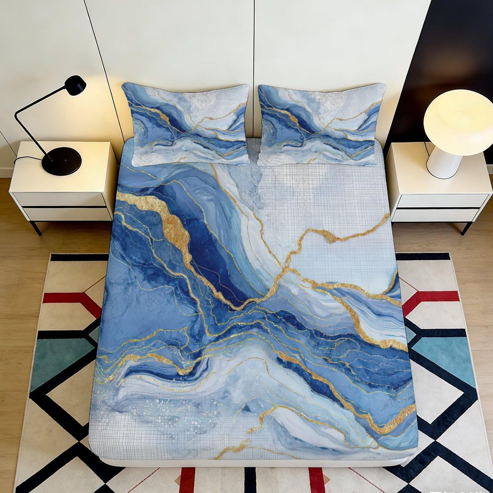 3D Printed Blue Marble Fitted Sheet Microfiber Soft Anti-Slip Gold Vein Mattress Cover Bedroom Decor Machine Washable 90x200x25cm